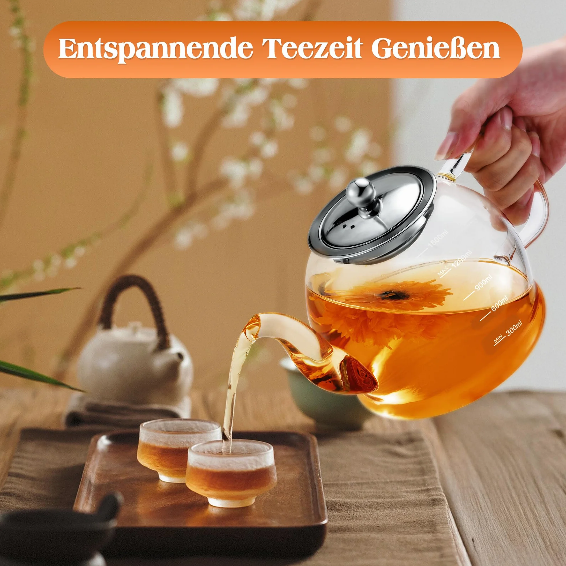 Dzbanek do herbaty ze szkła 1,5 L, dzbanek do herbaty z wkładem sitowym, dzbanek do herbaty STNTUS ze szklanym sitkiem na luźną herbatę, herbatę kwiatową, dzbanek do herbaty bez kroplowania
