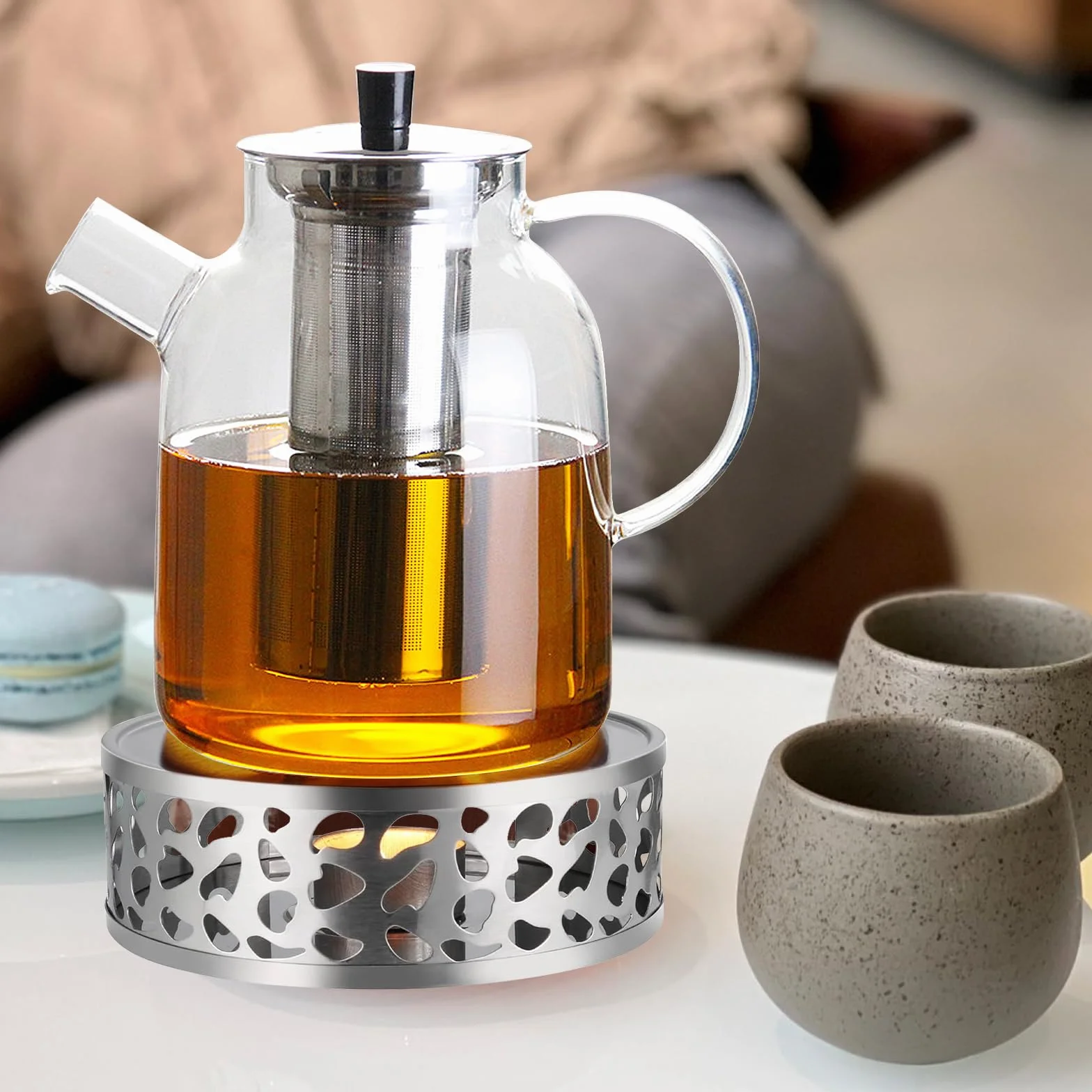 Dzbanek do herbaty z sitkiem, 1800 ml, dzbanek do herbaty z podgrzewaczem, szklany dzbanek do herbaty ze szkła borokrzemowego, zestaw do herbaty sypkiej, torebki herbaty, szklany dzbanek do wszystkich