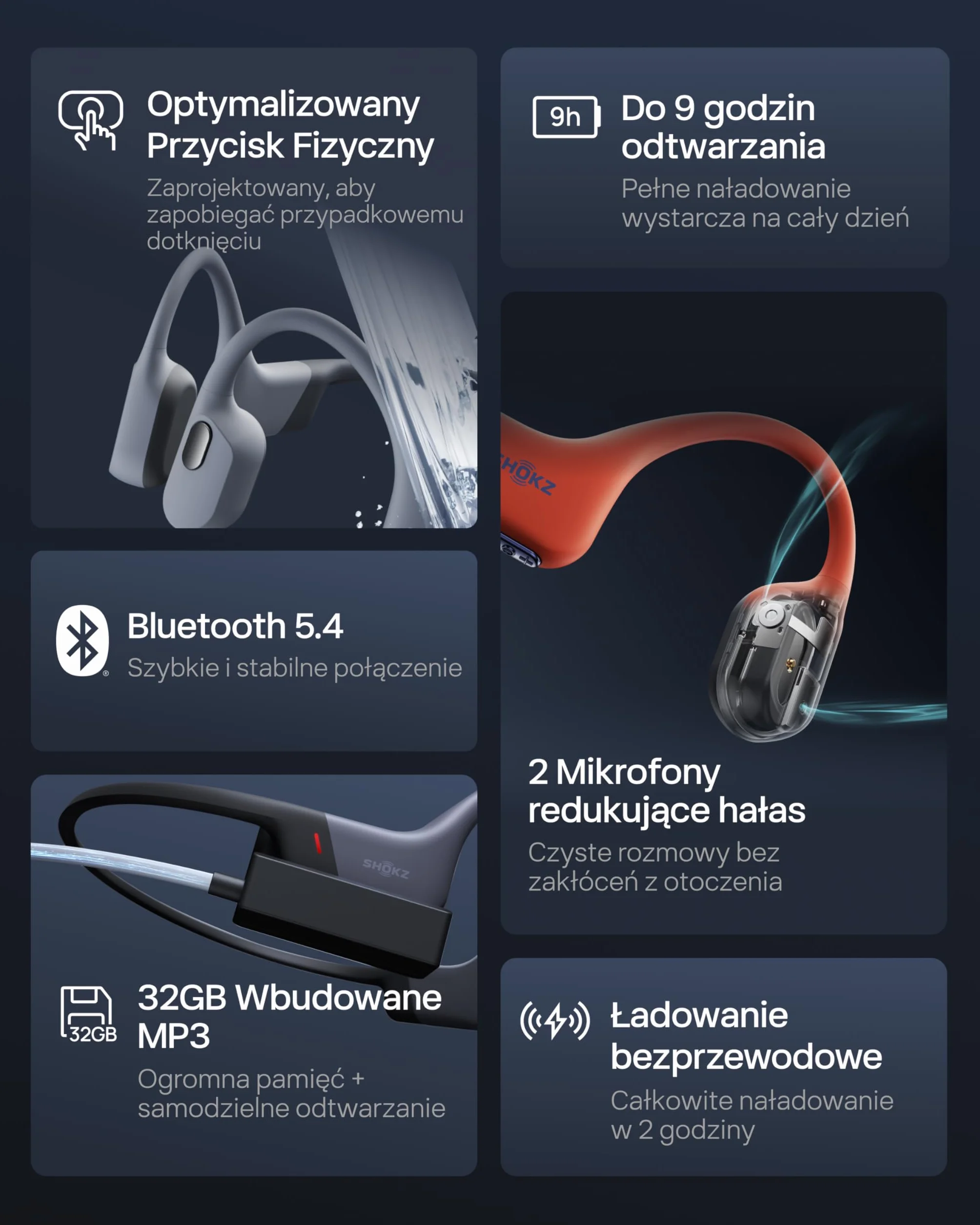 SHOKZ OpenSwim Pro Słuchawki Sportowe z Bone Conduction, Wodoszczelne IP68 Słuchawki Open-Ear z Bluetooth 5.4, Ładowanie bezprzewodowe,32GB Pamięci MP3, 9h Czasu Pracy do Biegania, Pływania - Szare