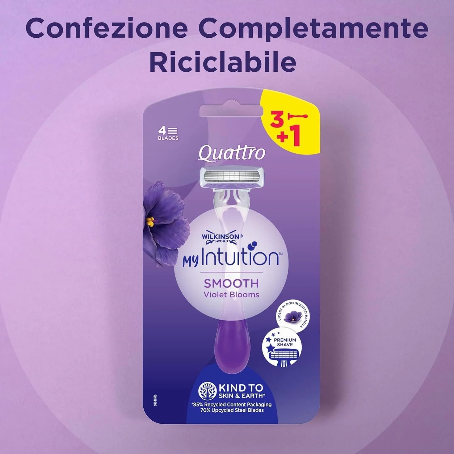 Wilkinson Sword Quattro My Intuition Smooth Violet Blooms - Jednorazowe maszynki do depilacji dla kobiet 4 arkusze nawilżające, golarki do depilacji dla kobiet, wrażliwa skóra, 3 sztuki