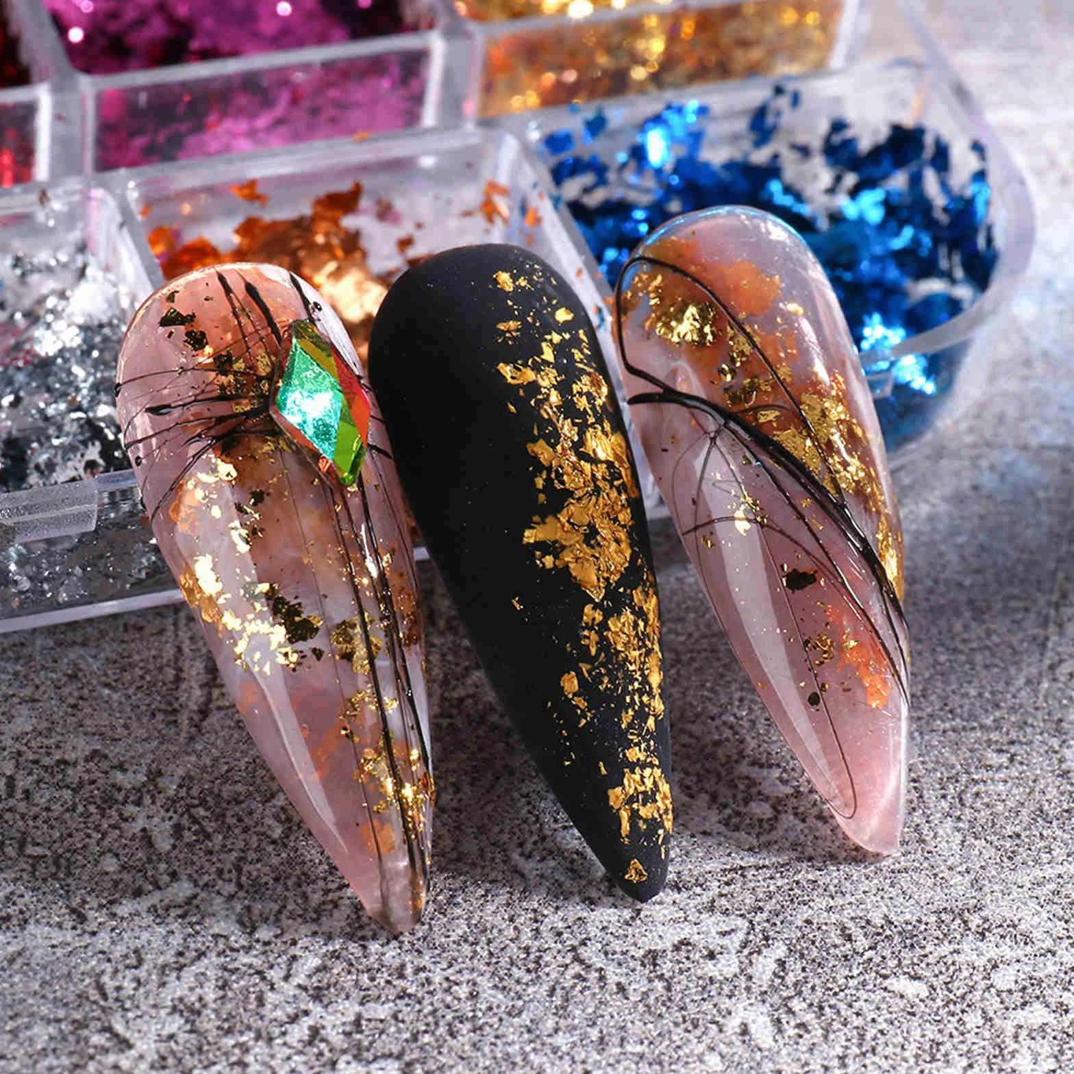 Brokat Złoty Liść Płatki Holograficzne Nail Art - 2 Szt. Papier Foliowy, Mieszanka Liści Srebrny Miedź