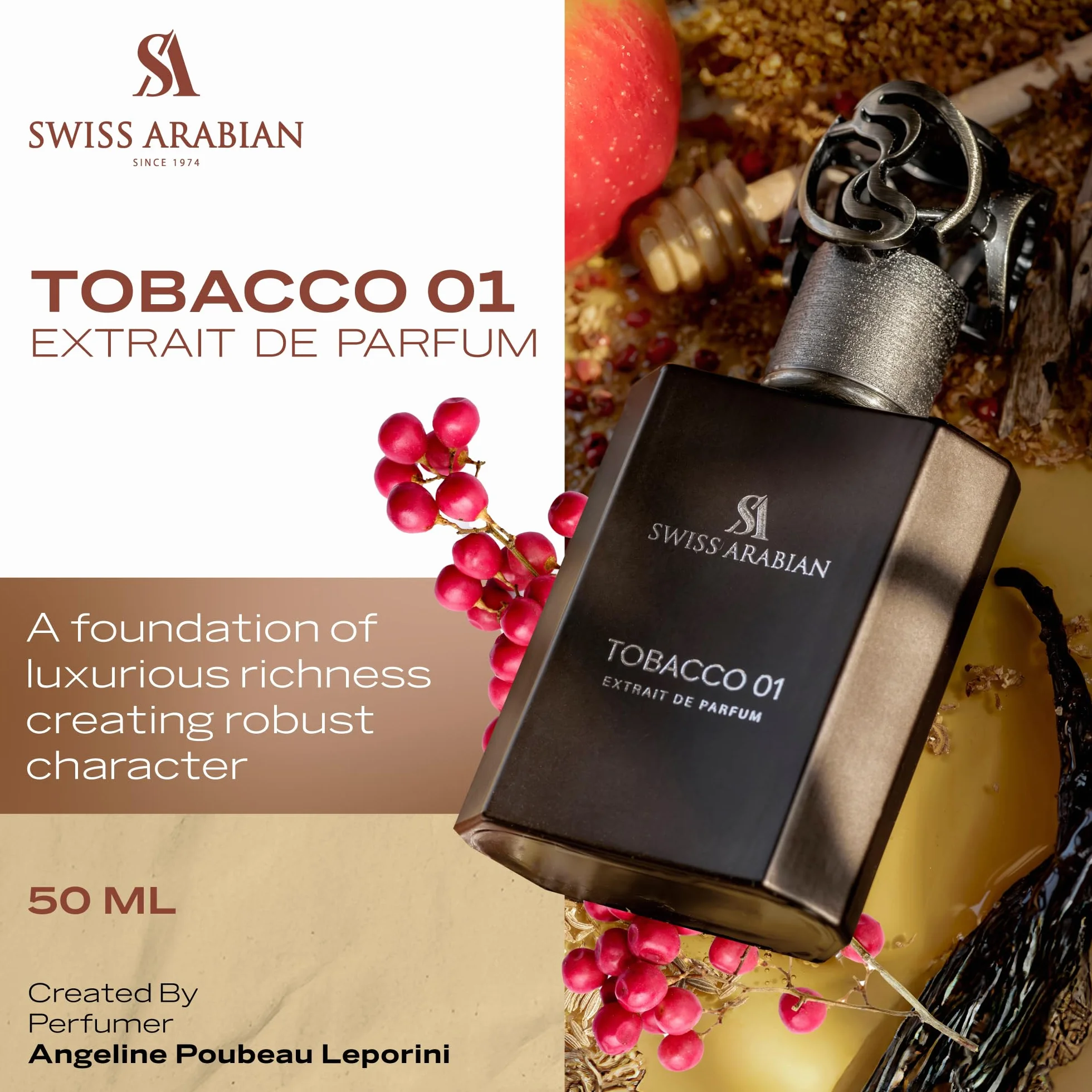 Swiss Arabian Tobacco 01 Extrait de Parfum Unisex 50 ml - luksusowa mieszanka zapachów tytoniu, wanilii, bursztynu, śliwki i piżma - ponadczasowy elegancki zapach