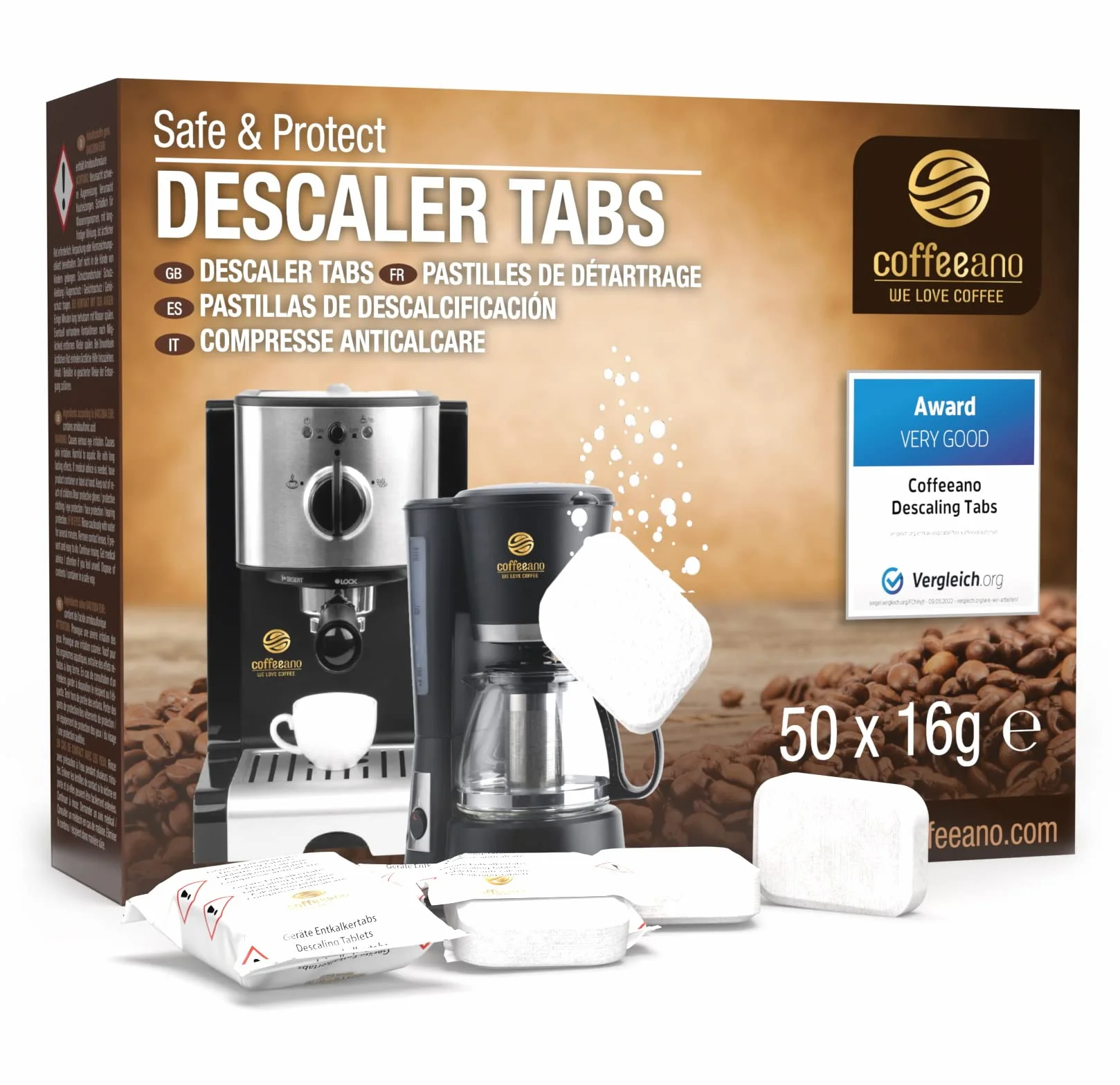 Coffeeano 50 tabletek odkamieniających XL do ekspresów do kawy kompatybilne z Jura, Siemens, Krups, Bosch, Miele, Melitta, WMF