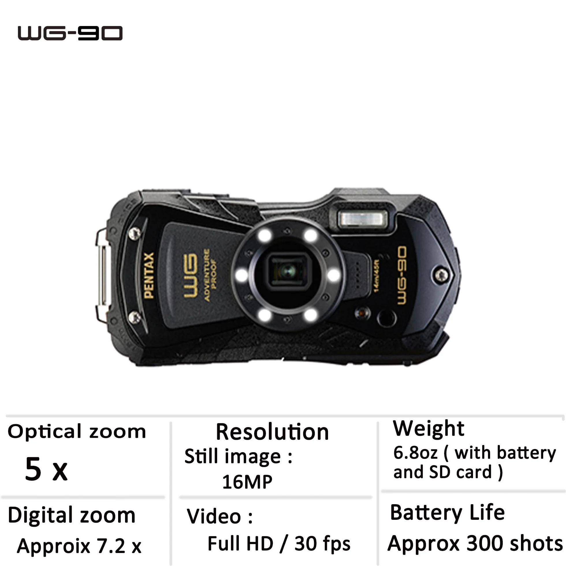 PENTAX WG-90 czarny - kompaktowy aparat cyfrowy, zaprojektowany do podwodnego zdjęcia codziennego życia do 14 metrów głębokości