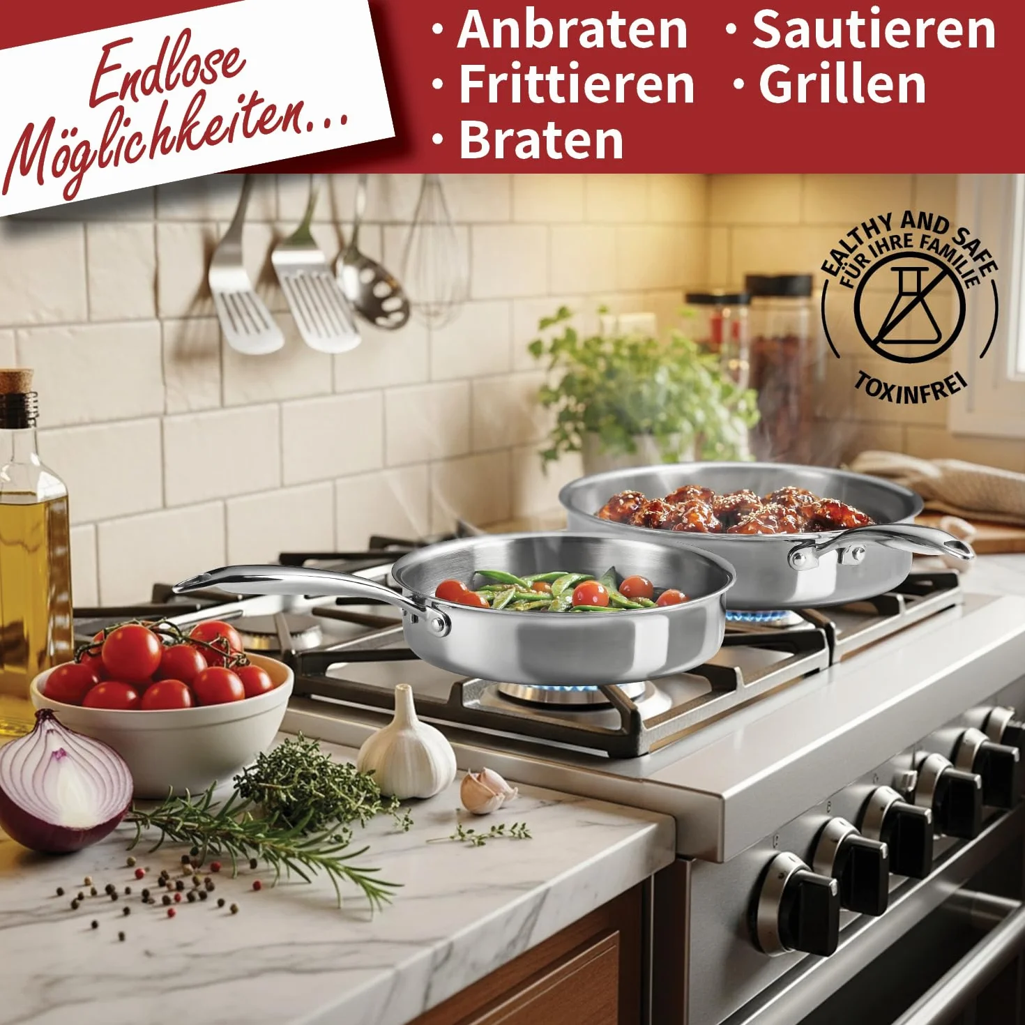 Stainless Steel Frying Pan 24 cm Non-Stick 3-Ply Induction with Aluminum Core Oven-Safe 260°C
