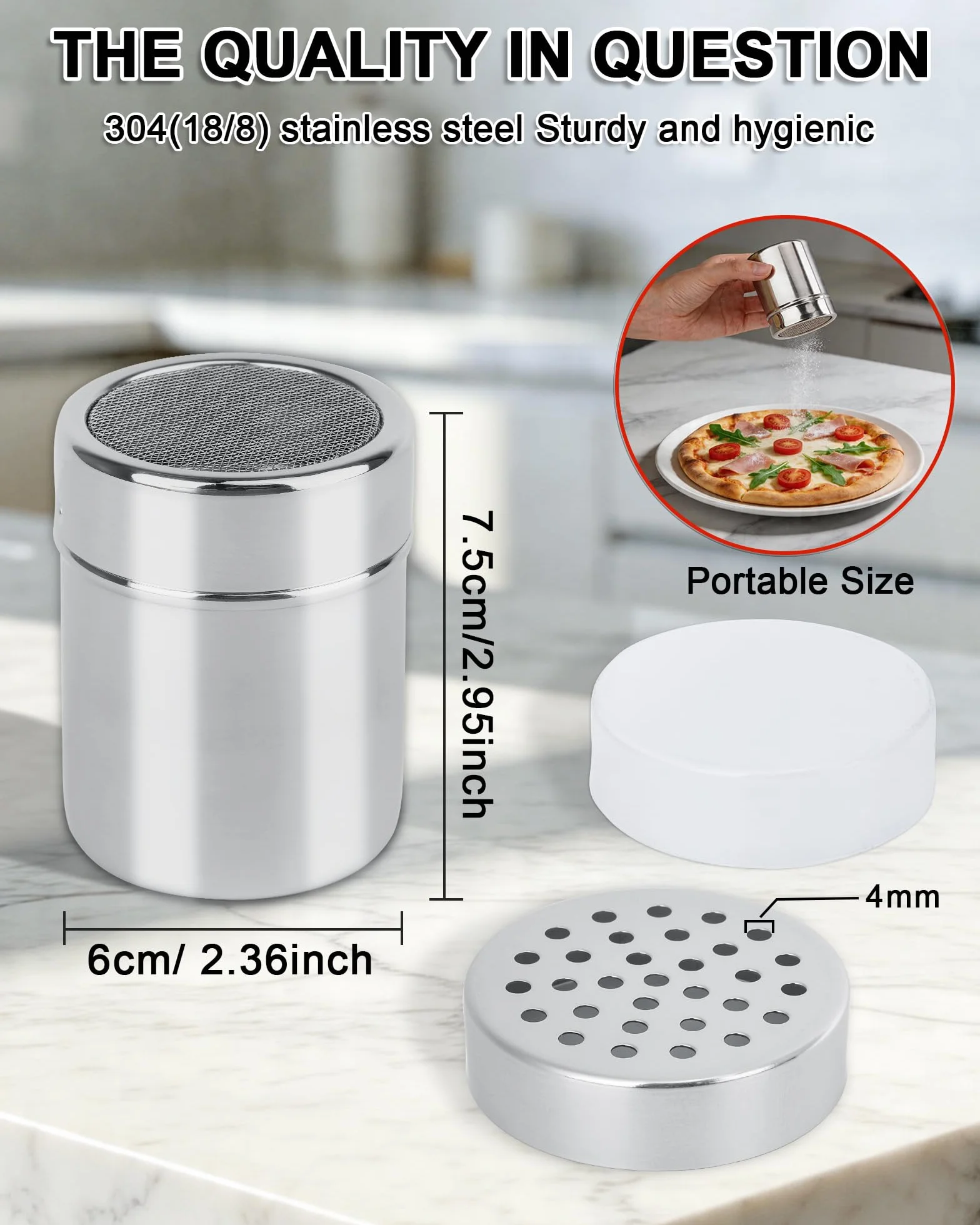 Posypywaczka do cukru pudru 2 w 1, Stal Nierdzewna 304, z 2 Wymiennymi Pokrywkami (Drobne Sitko i Otwory 4mm), Szczelna Pokrywka, Idealna do cukru pudru, kakao, chili oraz cynamonu