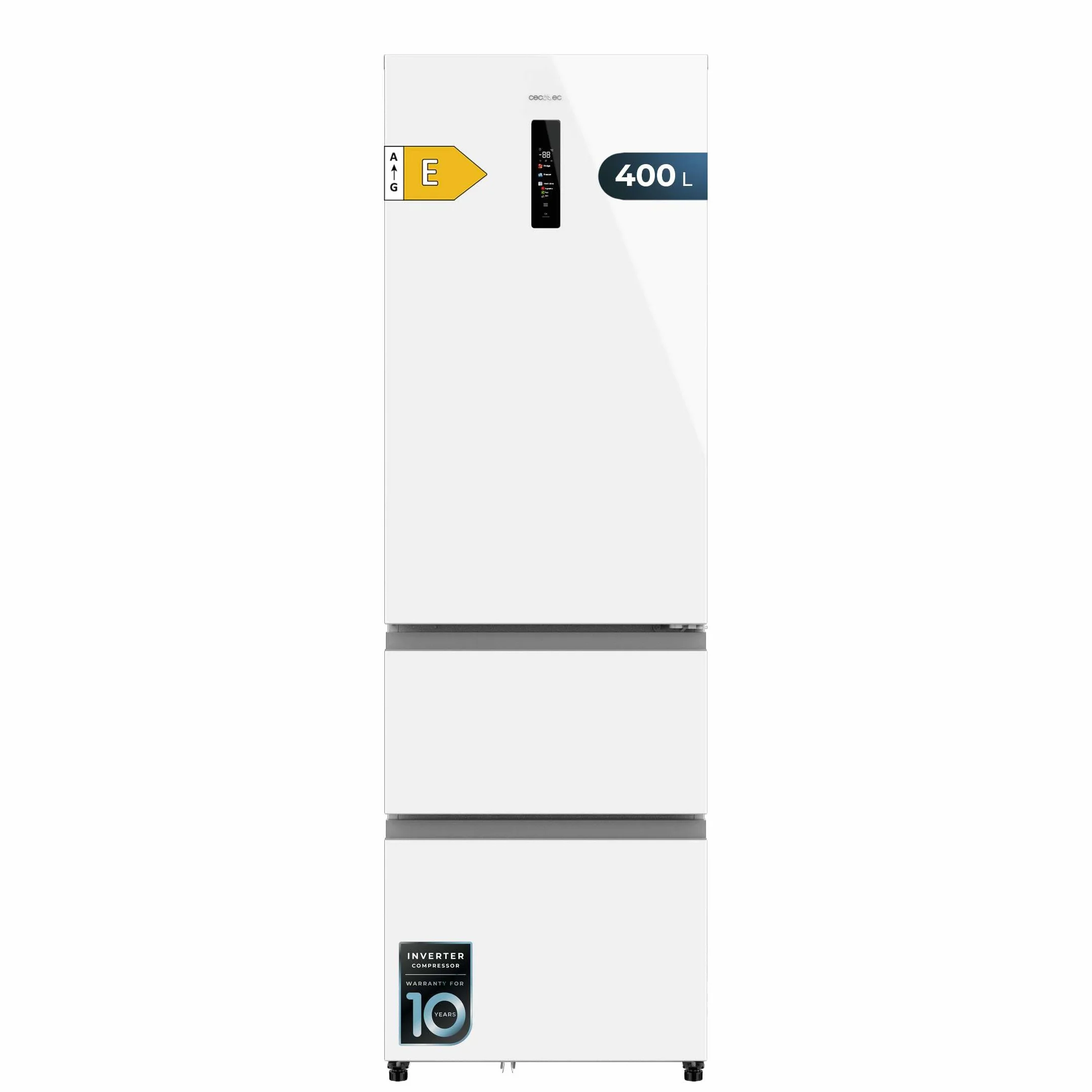 Cecotec Lodówka Francuskie Drzwi 400 L Bolero Coolmarket Combi Fd 400 White Glass E Nofrost Total System Multi Airflow Cicha sprężarka inwerterowa
