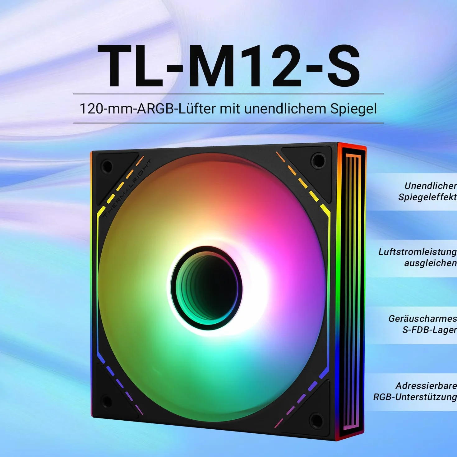 Thermalright TL-M12-S 120 mm ARGB wentylator CPU, prędkość 1500 RPM, czarny, cichy wentylator 4-pinowy PWM PC, do łożysk S-FDB CPU, wentylator chłodzący, z lusterkiem bocznym ARGB efekt świetlny