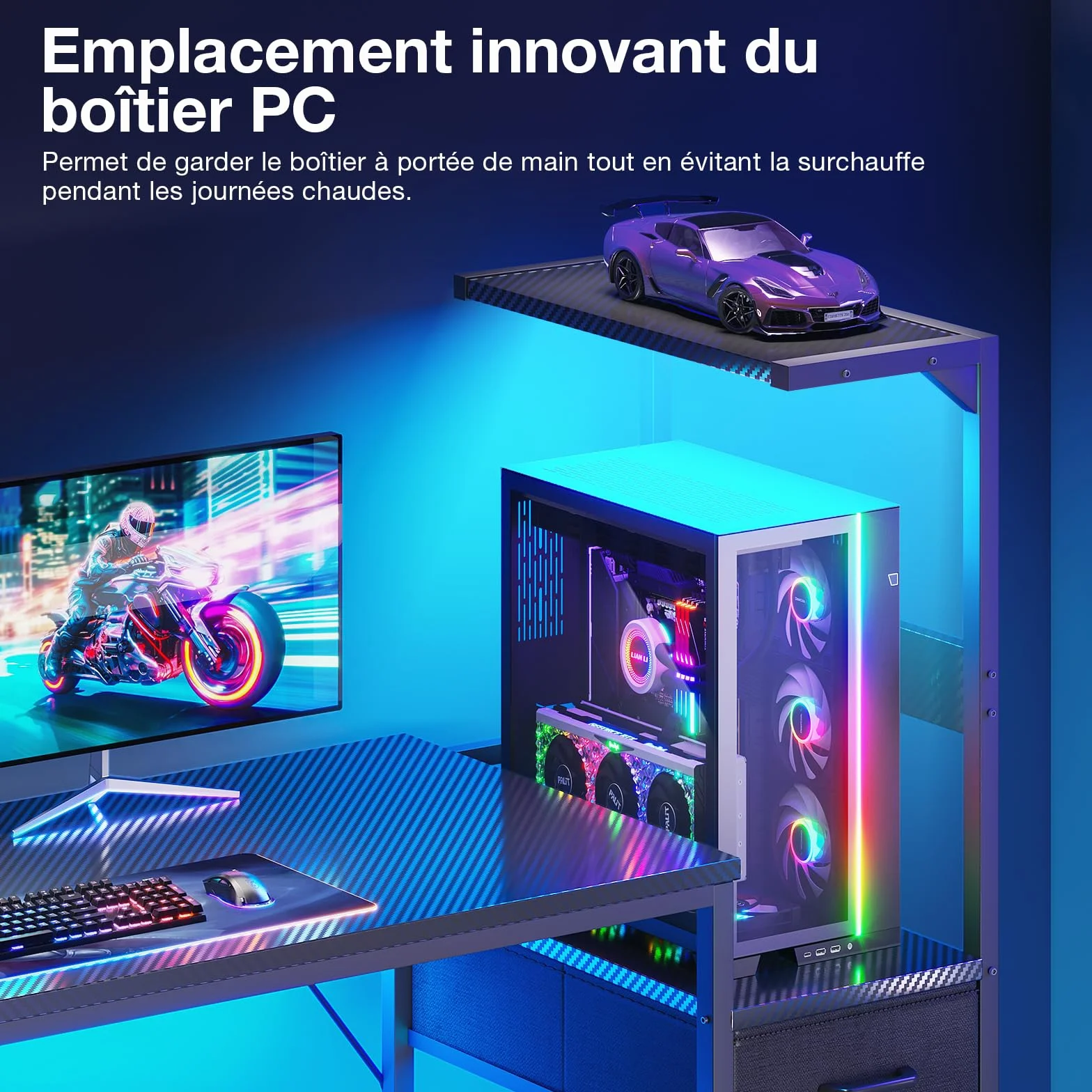 Coleshome Biurko gamingowe z oświetleniem LED, 138×48 cm, Czarne włókno węglowe