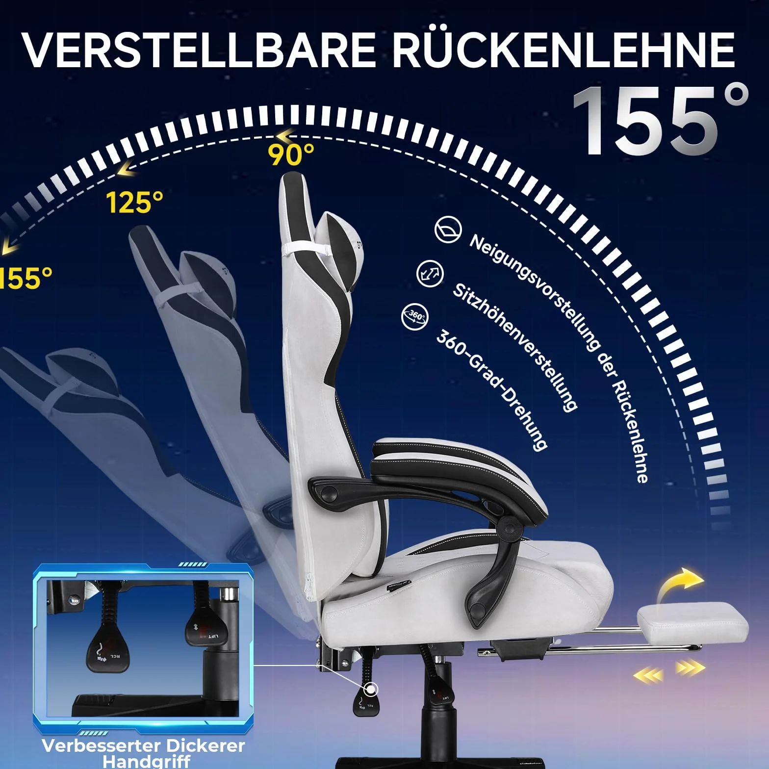 GTPLAYER Fotel gamingowy ergonomiczny materiałowy z podparciem lędźwiowym nośność 150 kg szary
