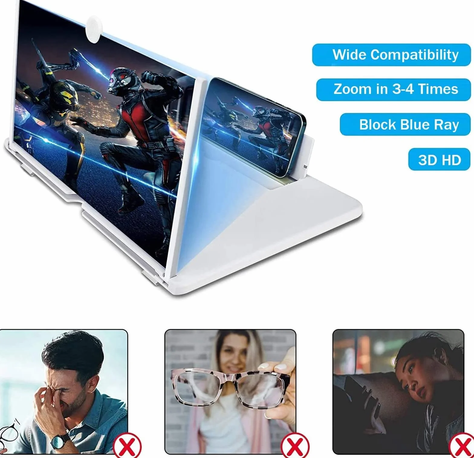 Lupa ekranu 30.0 cm, projektor powiększający do telefonu komórkowego HD, obracająca się konstrukcja 3D, ochrona oczu, kompatybilny z większością smartfonów i tabletów (biały)