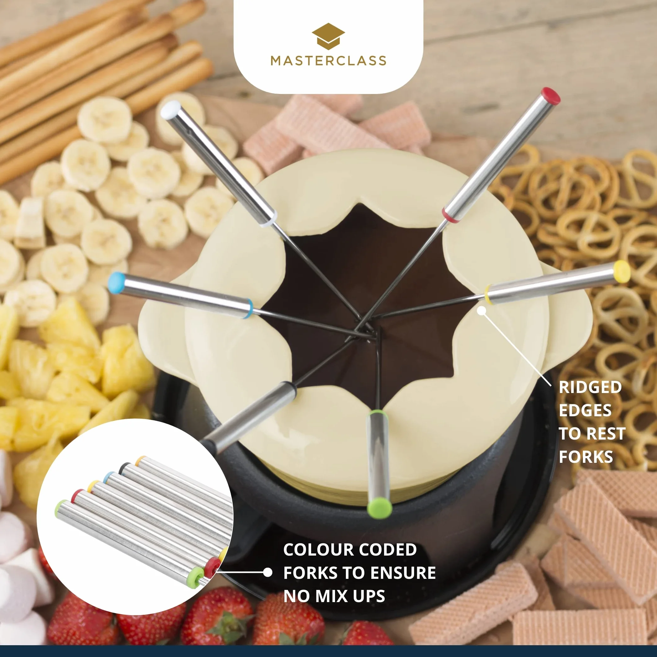 MasterClass Zestaw do fondue z żeliwa, garnek do fondue z 6 widelcami i emaliowaną miską z żeliwa, doskonała retencja ciepła i regulowany palnik, w pudełku prezentowym, kremowy, 21 x 18 cm