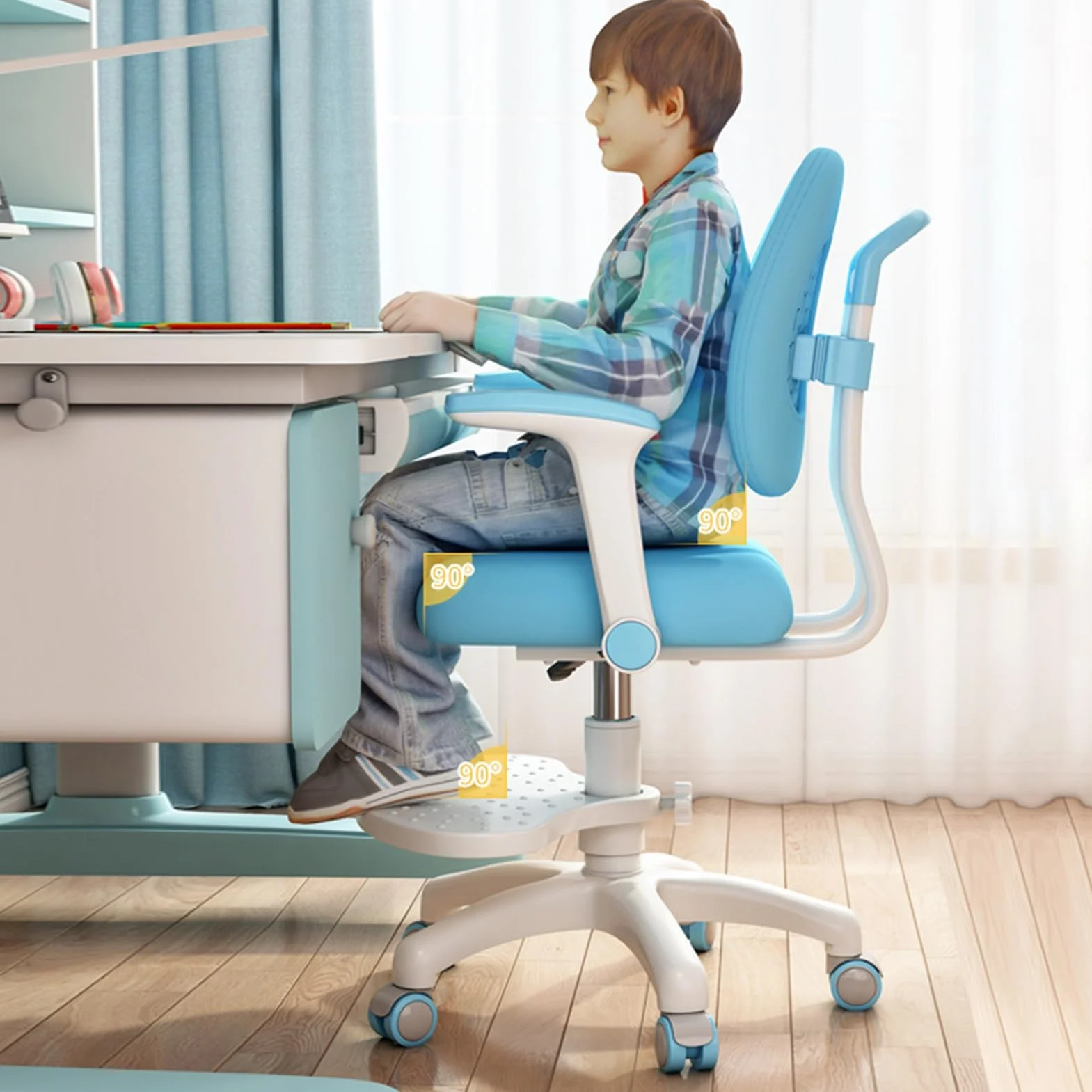 Ergonomiczne krzesło biurowe dla dzieci i młodzieży, z regulacją wysokości, podnóżkiem i regulowanymi kółkami, niebieskie