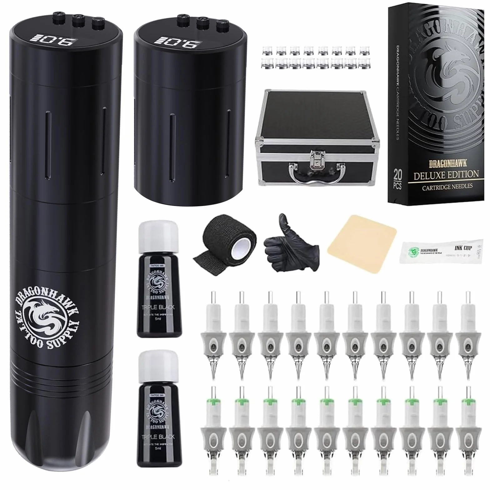 Dragonhawk Tattoo Machine Kit Rotary Wireless Tattoo Machine Pen, Tattoo Gun with LCD Display, 2 pcs 1500mAh Batteries, Tattoo Needles for Beginners