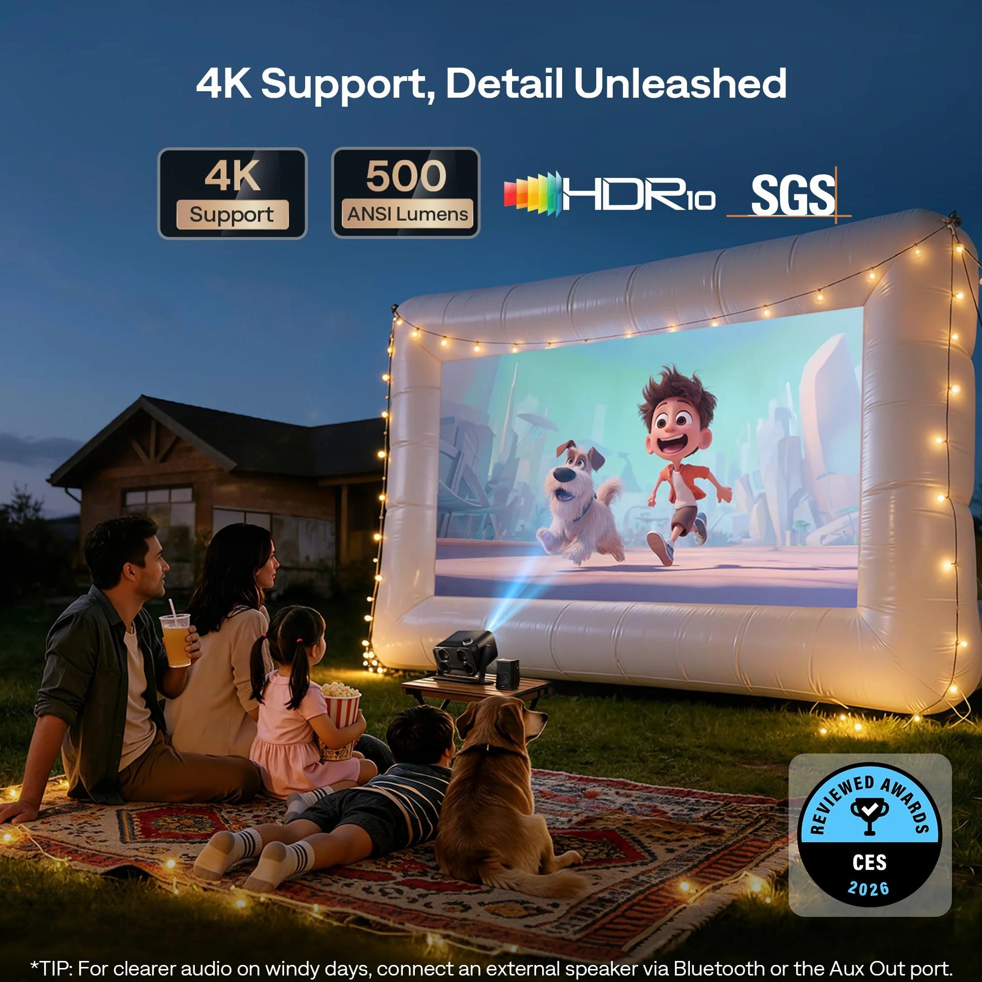 Aurzen Boom Mini 4 w 1 inteligentny projektor z Google TV, kino domowe i projektor zewnętrzny z obsługą 4K, dźwięk Dolby 20 W, projektor 500 ANSI, autofokus ToF i korekcja trapezu