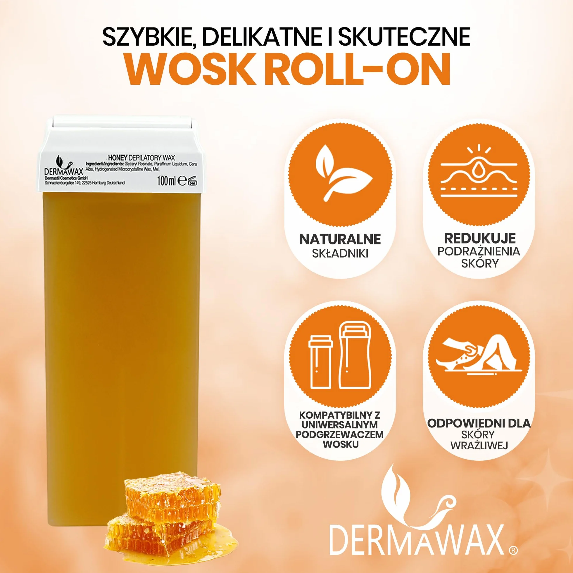 Dermawax 6 x Roll on Wax Miodowy Ciepły à 100 ml Wkładów Woskowych, Roll-on Wax, Gorący Wosk Do Depilacji, Pielęgnacja Ciała, Zestaw Uzupełniający