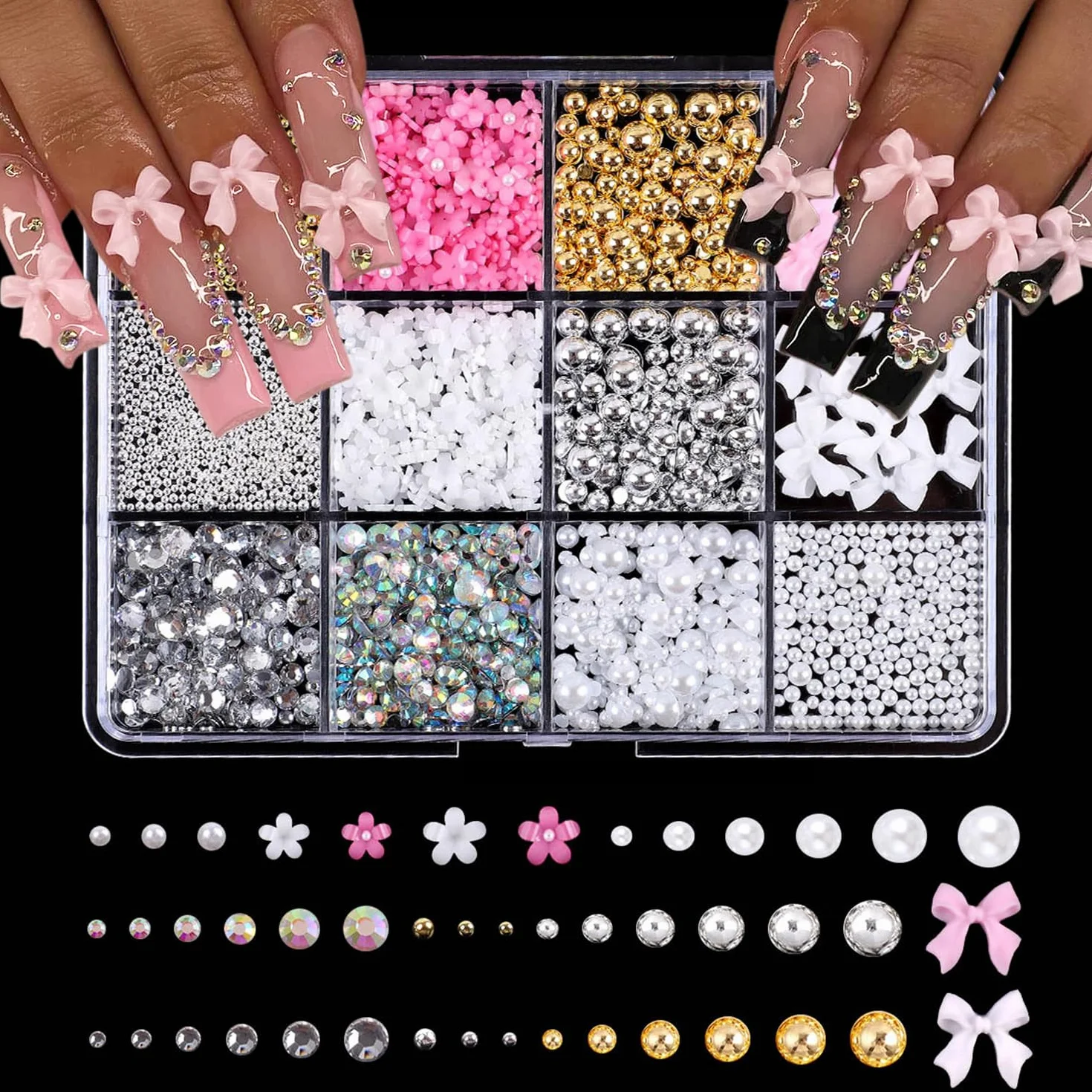 Nail Charms Ozdoby do paznokci, zestaw do paznokci z cyrkoniami, perełki do paznokci, kwiatkowa wstążka do paznokci, cyrkonie do paznokci