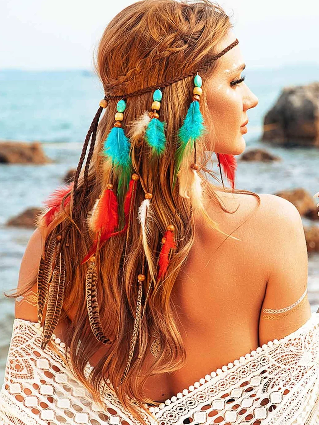 Zoestar Opaska na głowę w stylu boho, pióra, frędzle, hipisowskie opaski na głowę, indiańskie, plemienne, nakrycie głowy, festiwal, akcesoria do włosów dla kobiet (styl 2, jeden rozmiar)
