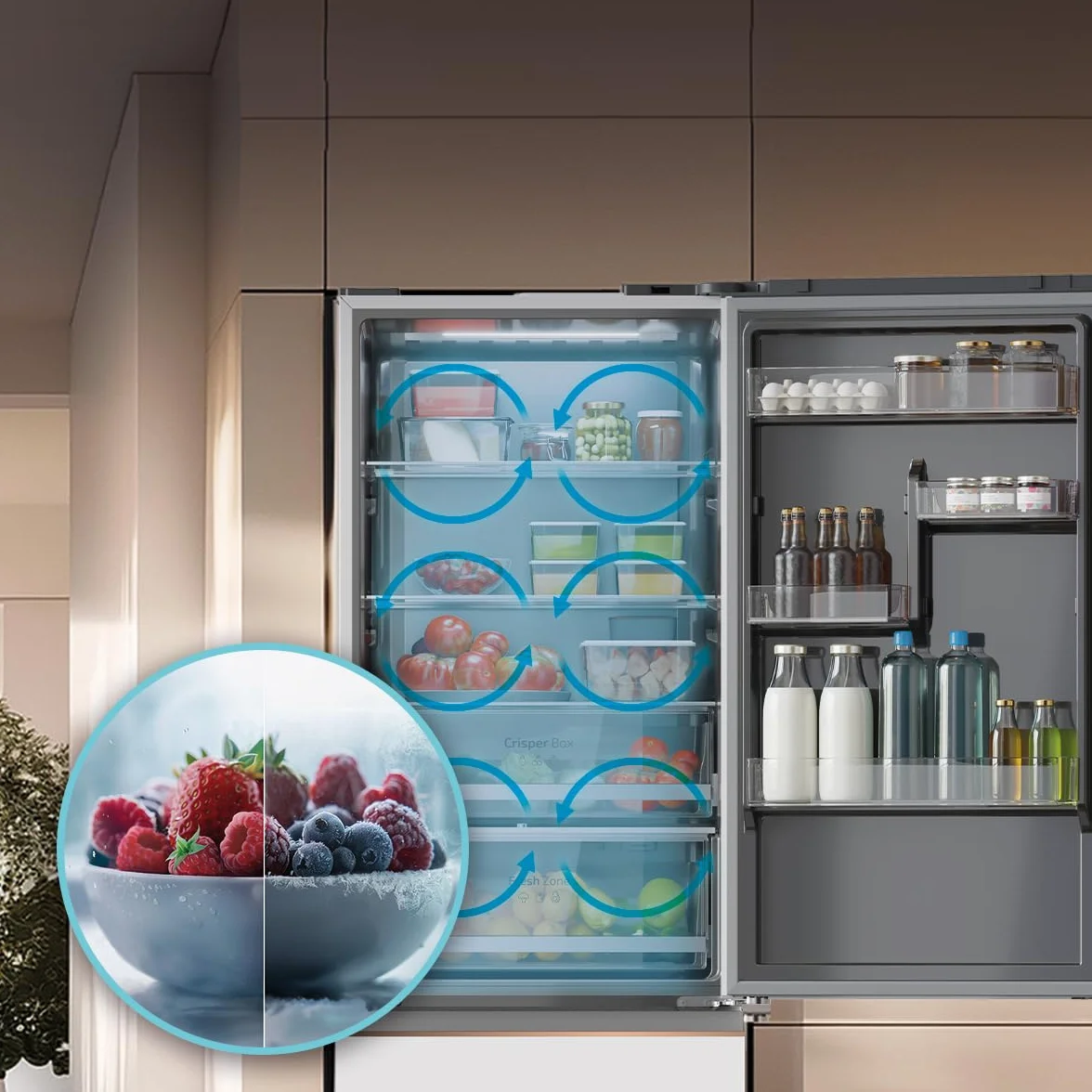 Cecotec Lodówka Francuskie Drzwi 400 L Bolero Coolmarket Combi Fd 400 White Glass E Nofrost Total System Multi Airflow Cicha sprężarka inwerterowa