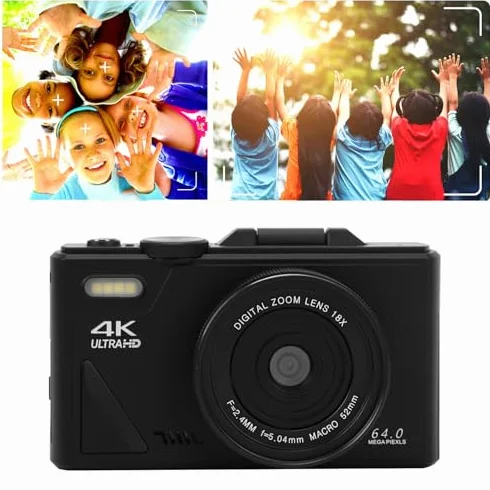 Aparat Cyfrowy 64 MP, Aparat do Vlogowania 4K, Aparat z automatyczną regulacją Ostrości i 18-krotnym Zoomem, Mały Kompaktowy Aparat z 3-calowym Odchylanym Ekranem, Mały Aparat