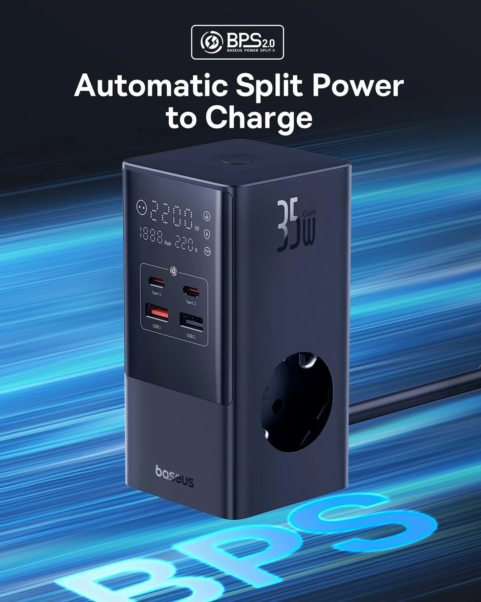 Baseus Listwa zasilająca USB C 35W Ładowarka GaN5 Gniazdo trójdrożne z włącznikiem, 3 AC + 2 USB C + 2 USB A, przenośna ładowarka PD do MacBooka, iPada, iPhone'a 15/14/13/12, Galaxy, gier, domu, biura