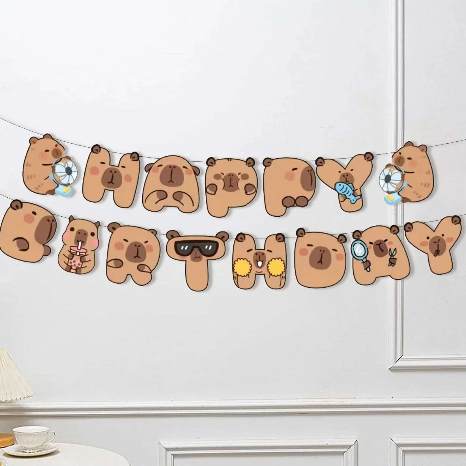 Goiern Happy Capybara dekoracje urodzinowe baner 8 papierowych kartek z kokardkami