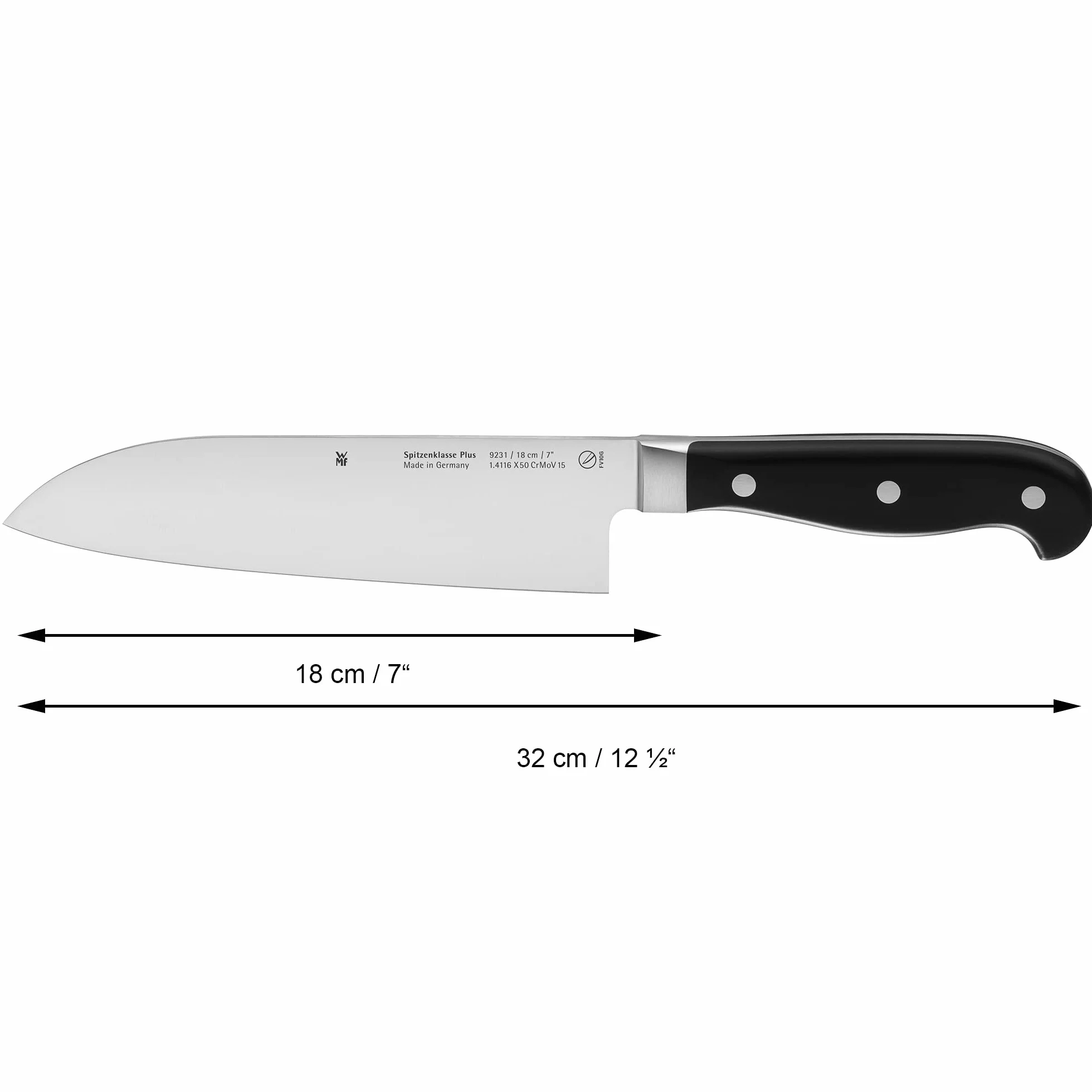WMF Spitzenklasse Plus nóż Santoku 32 cm, kuty, Performance Cut, stal ostrza 18 cm