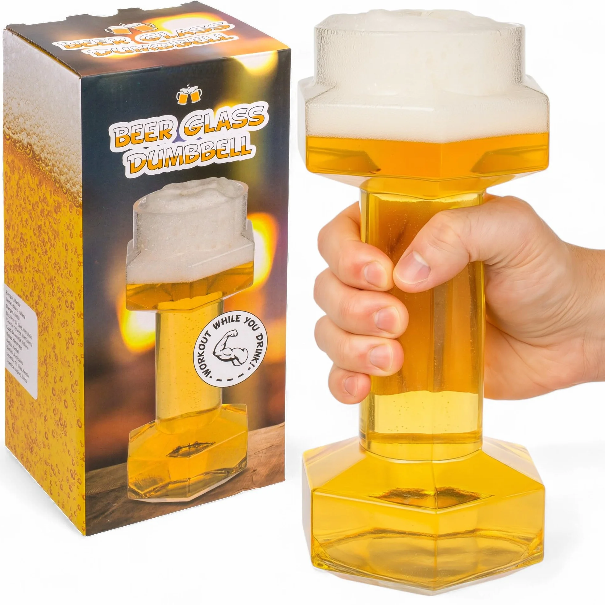MIJOMA Szklanka do Piwa z Hantlami, 22 cm - 700 ml - Swobodny Trening dla Miłośników Piwa, Fitnessu i Na Festiwal - Nadaje Się do Mycia w Zmywarce i Na Co Dzień