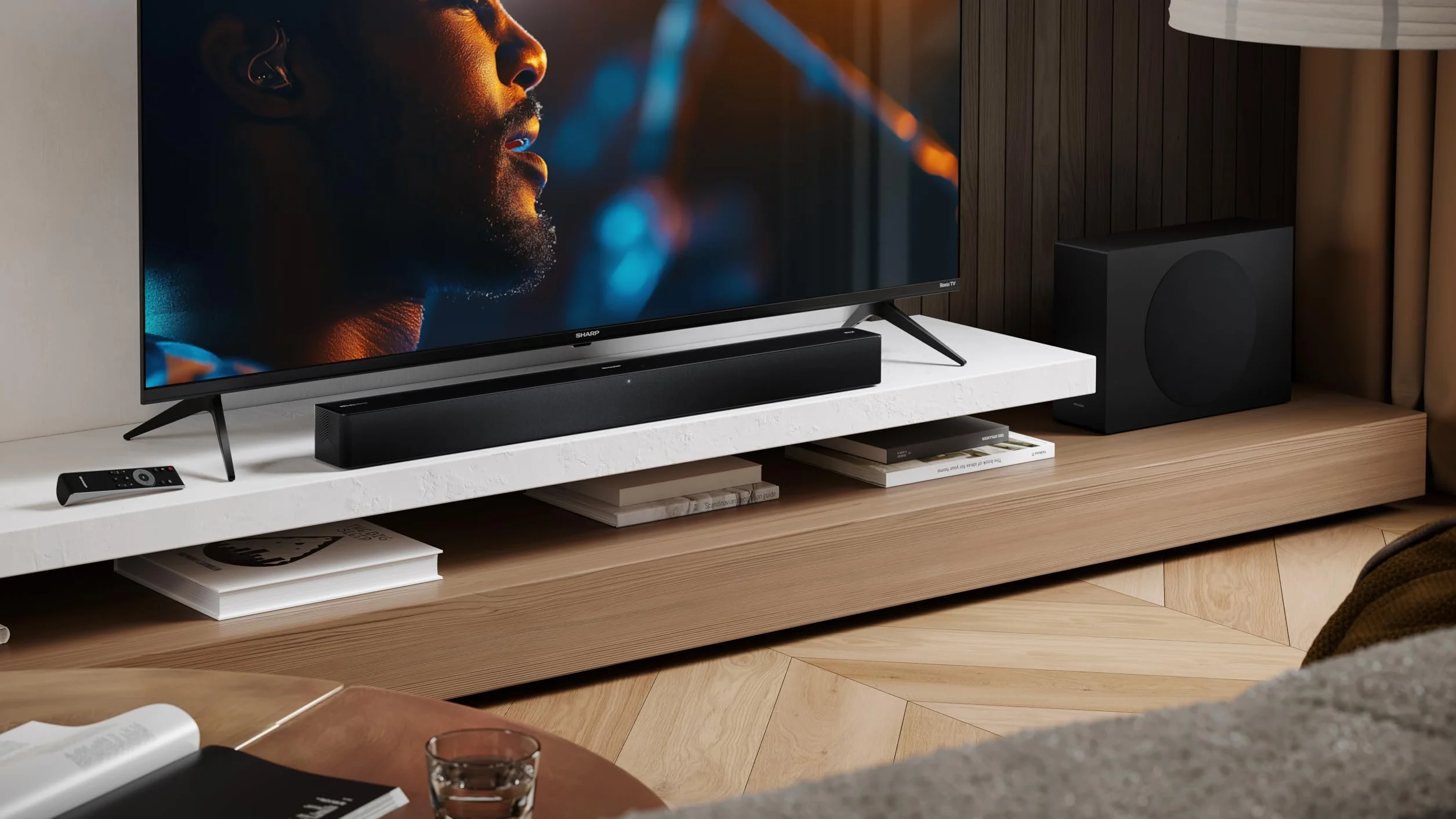 SHARP HT-SBW310 2.1-kanałowy ultracienki bezprzewodowy subwoofer, ROKU Ready, maks. moc 330 W – Dolby Atmos, DTS Virtual:X, HDMI eARC, Bluetooth 5.3, odtwarzanie przez USB, montaż na ścianie – czarny