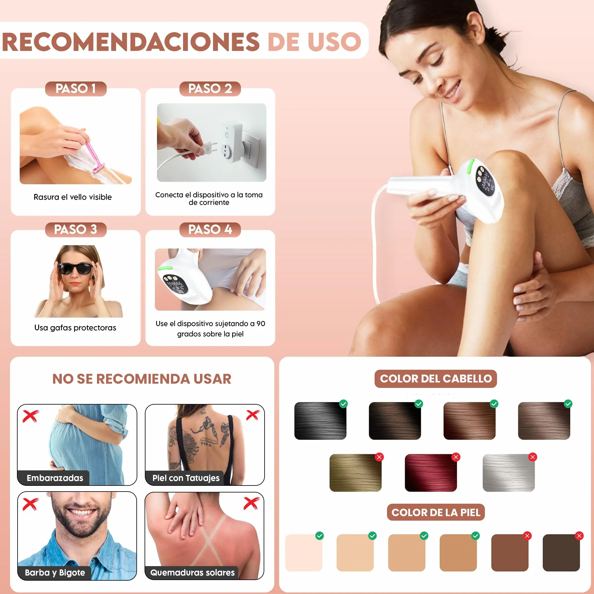 IPL Pulsed Light Depilator, urządzenie IPL funkcja chłodzenia, 2 wymienne nasadki, do 999,999 błysków, HR/RA/SC, 9 intensywności, bezbolesne laserowe usuwanie włosów dla kobiet i mężczyzn.