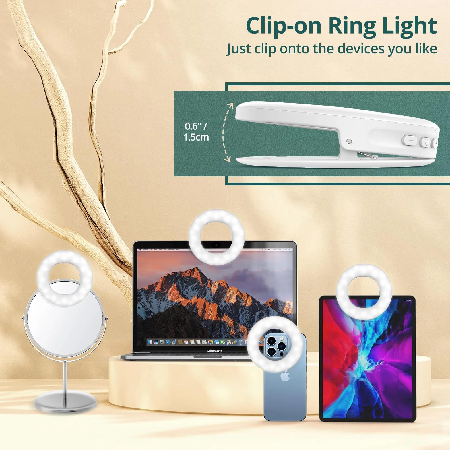 ATUMTEK Selfie Ring Light do Telefonu z 3 Temperaturami światła, Przenośna ładowalna Lampa Pierścieniowa z Klipsem z 48 Diodami LED do Komórkowego, Laptopa, Zoom, Makijażu, Połączeń Wideo, Selfie
