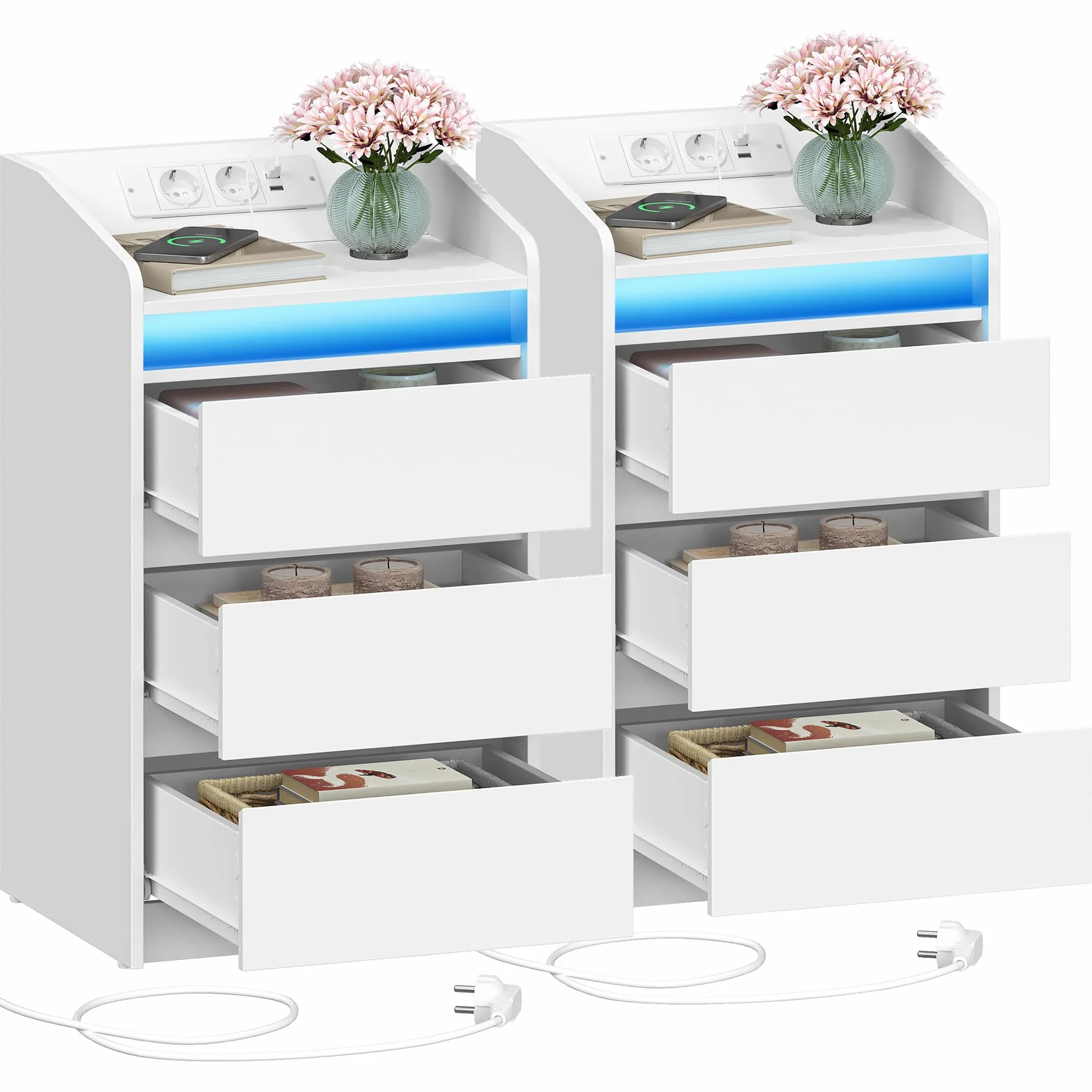 Hzuaneri Stolik nocny z 3 szufladami ze stacją ładującą LED, 2 porty AC i 2 USB, Biały, 2 szt