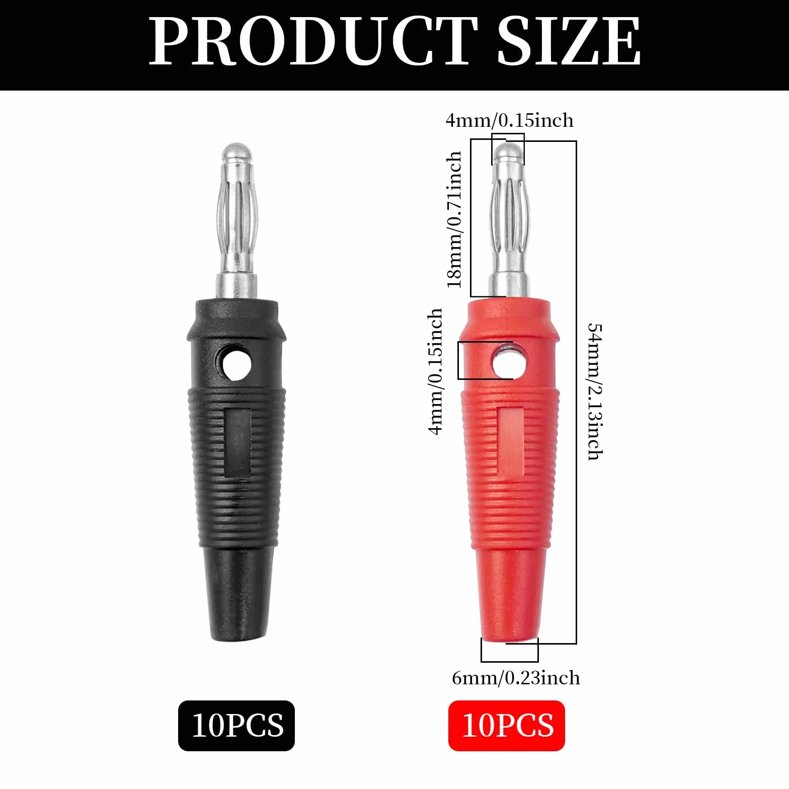 20 sztuk 4 mm Złącze głośnika bananowego, bez lutowania, 20 A wtyki bananowe do głośników, wzmacniaczy, odbiorników AV, systemów stereo HiFi, 10, czarny i 10, czerwony