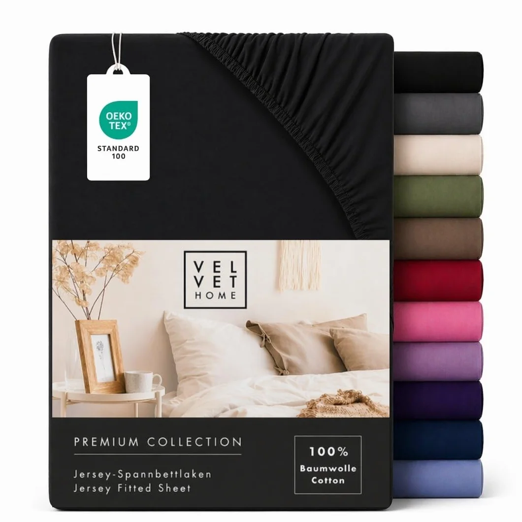 VelvetHome Prześcieradło z gumką 140x200cm 100% Bawełna czesana Jersey Czarny