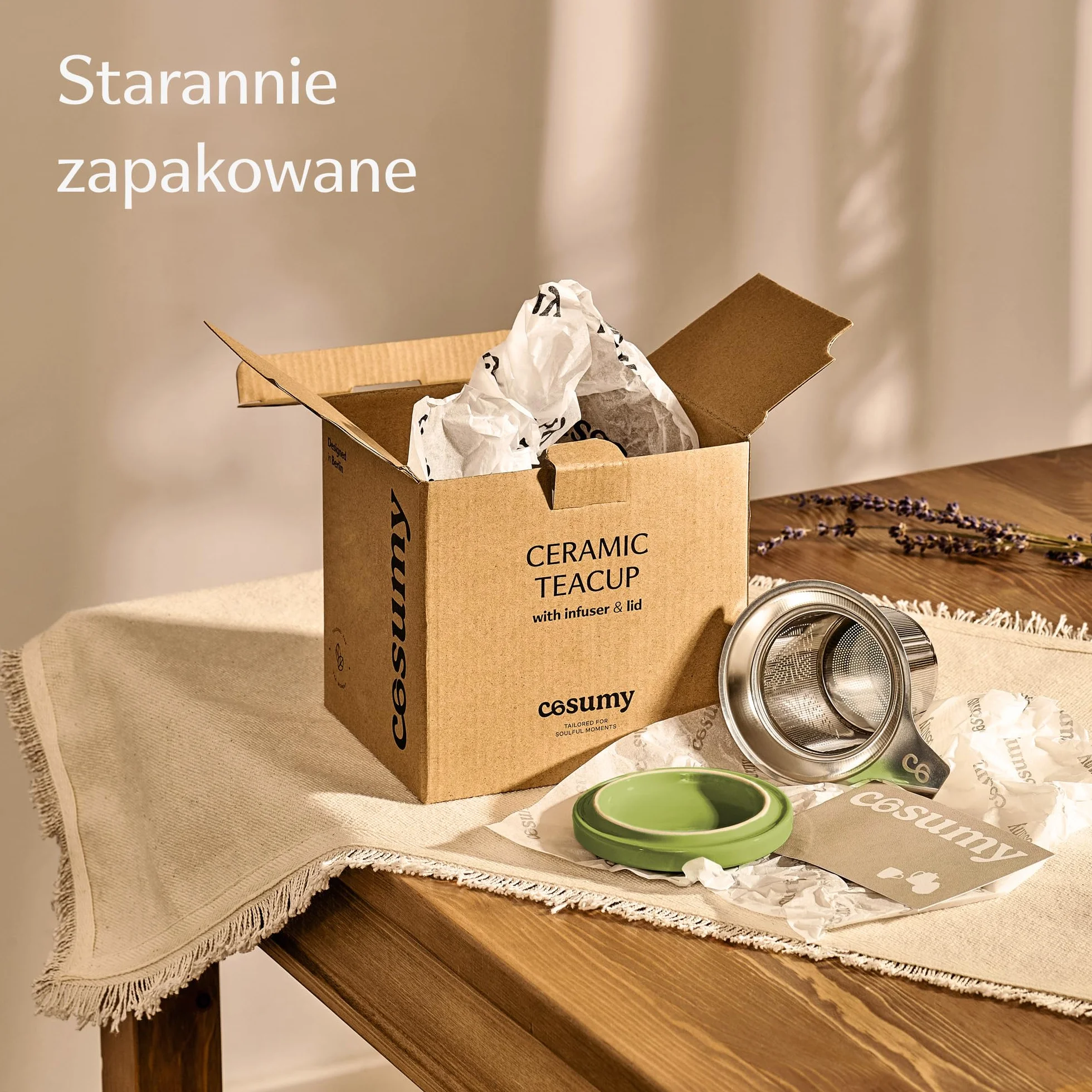 Filiżanka do herbaty ceramiczna z sitkiem i pokrywką 400 ml zieleń matcha