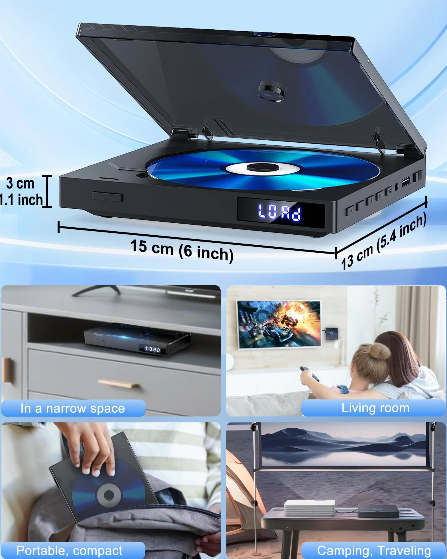 Mini odtwarzacz DVD przenośny, odtwarzacz DVD HD 1080P z wyjściem HDMI, obsługujący wszystkie regiony, kabel AV/HDMI/odtwarzanie z USB, pilot zdalnego sterowania, obsługuje PAL/NTSC