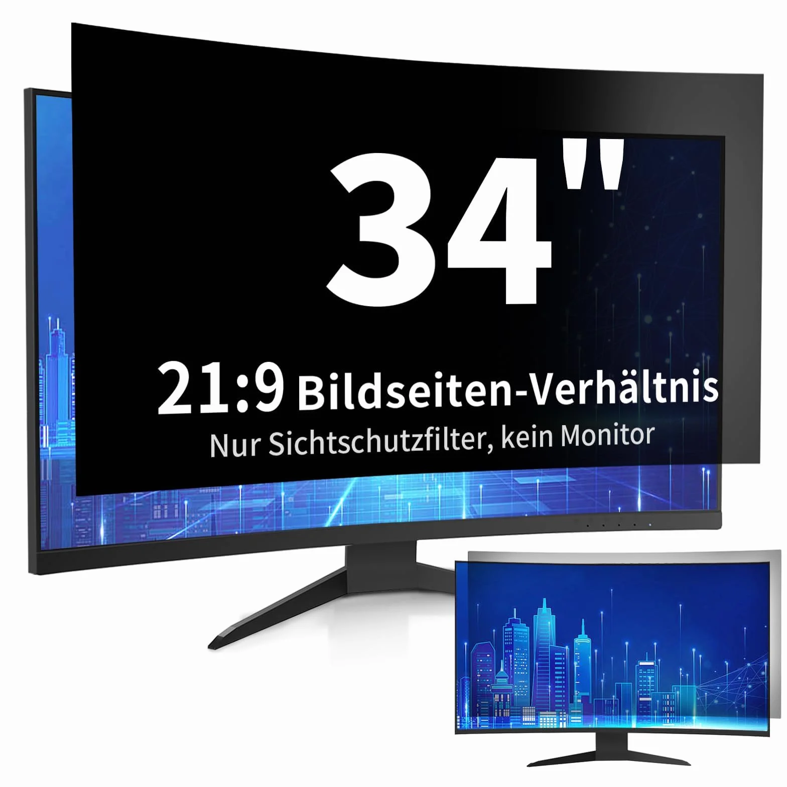 34-calowy filtr prywatności do monitorów panoramicznych 21:9, antyodblaskowy i redukcja niebieskiego światła, osłona prywatności, zakrzywiony ekran, folia chroniąca oczy do biura, domu i