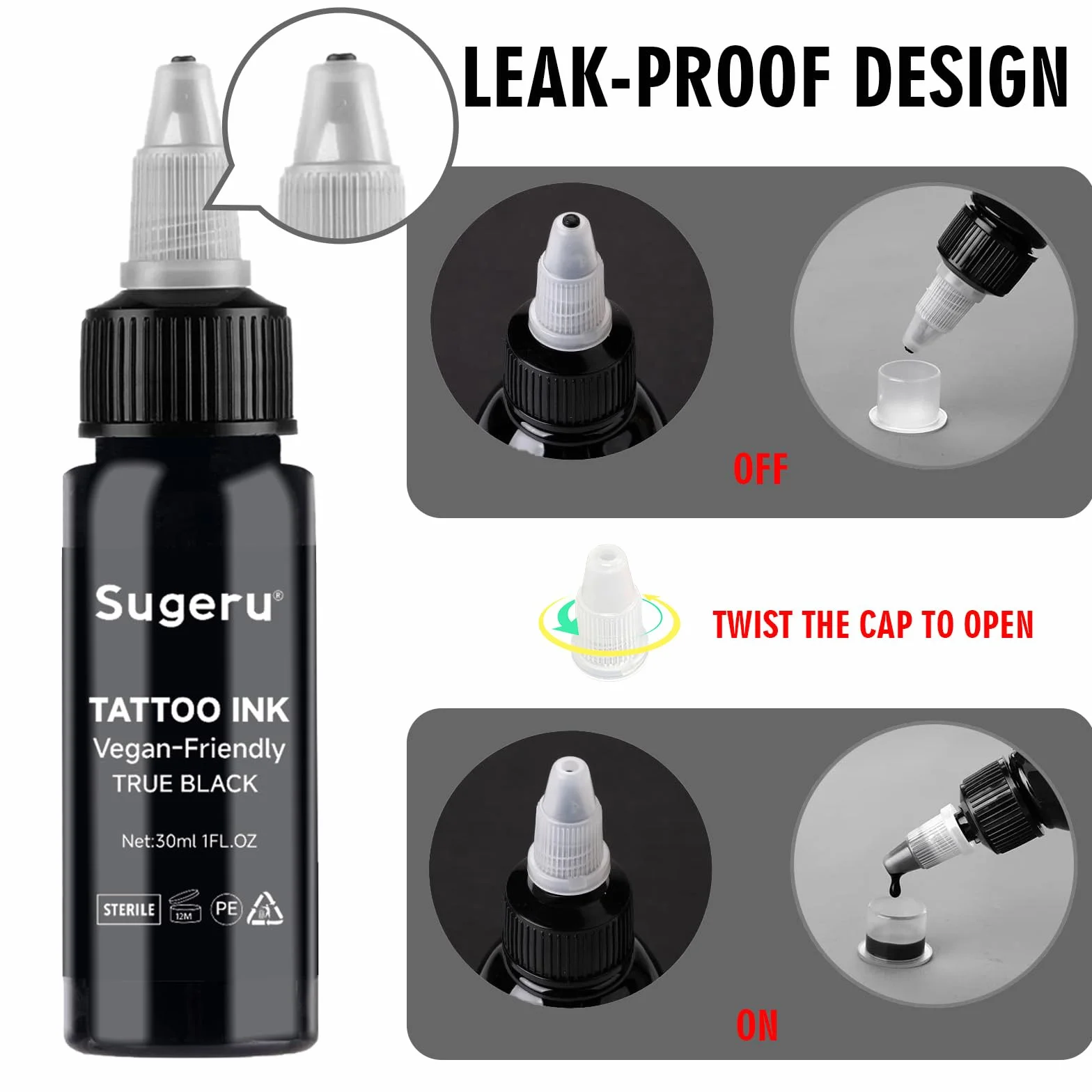 Sugeru® Kolor tatuażu Black – tusz do tatuażu, 30 ml, przyjazny dla wegan, tusz do tatuażu, kolor czarny, trwały kolor, profesjonalny tusz do tatuażu dla artystów tatuażu
