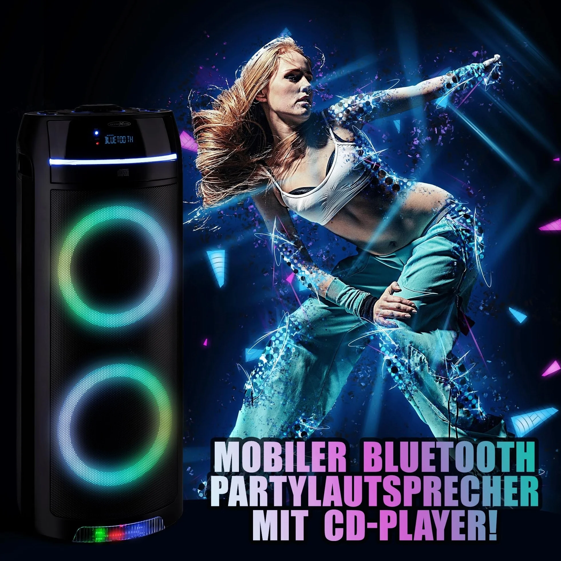 REFLEXION PS10BTCD przenośny głośnik Bluetooth, oświetlenie dyskotekowe LED, z wbudowanym odtwarzaczem CD, wszechstronne złącza, akumulator do 10 godzin muzyki, czarny