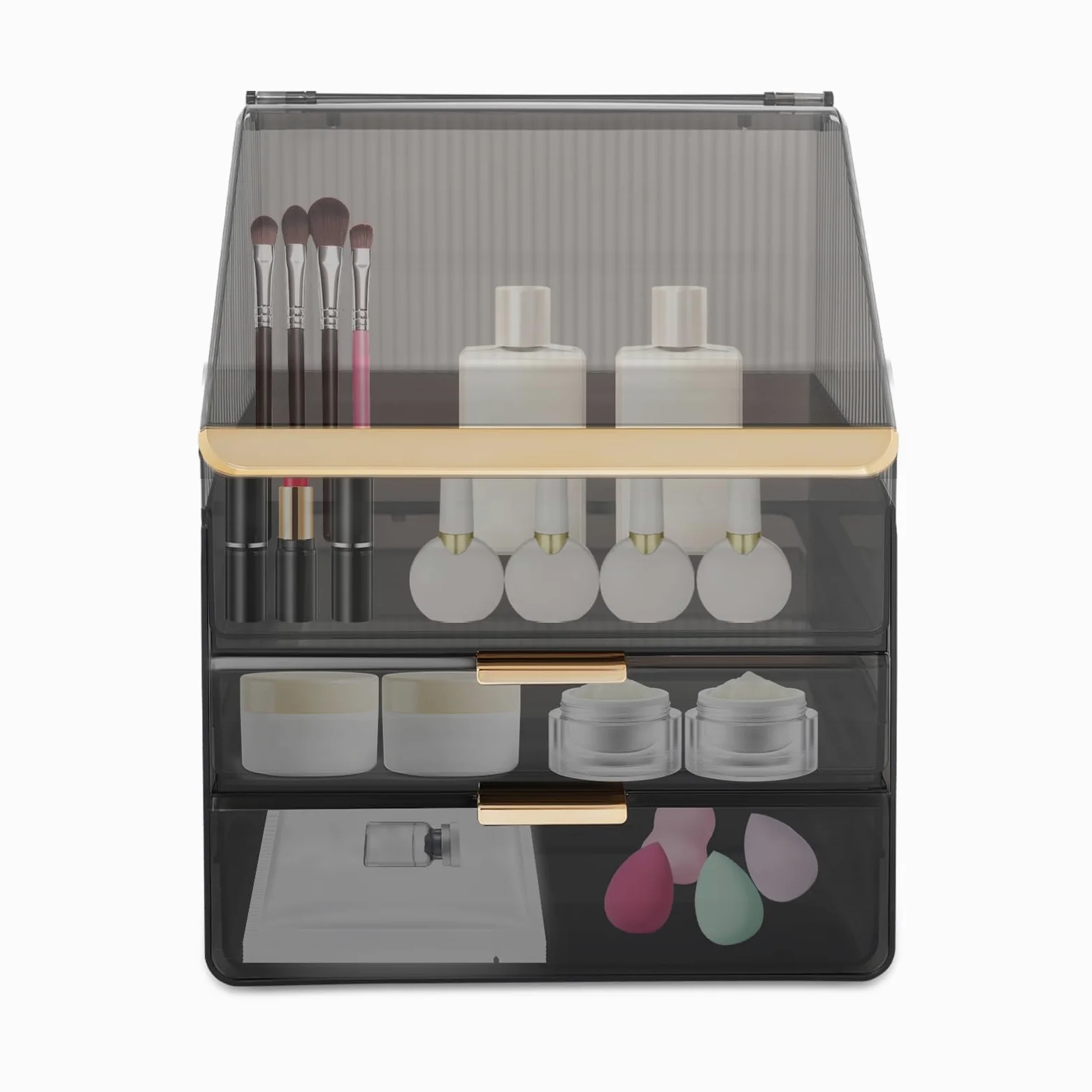 Organizer na kosmetyki do makijażu, czarny, PET i ABS, nowoczesny, prostokątny, 2 szuflady, 3 poziomy, z uchwytem na szminki, 30 x 19 x 37,2 cm