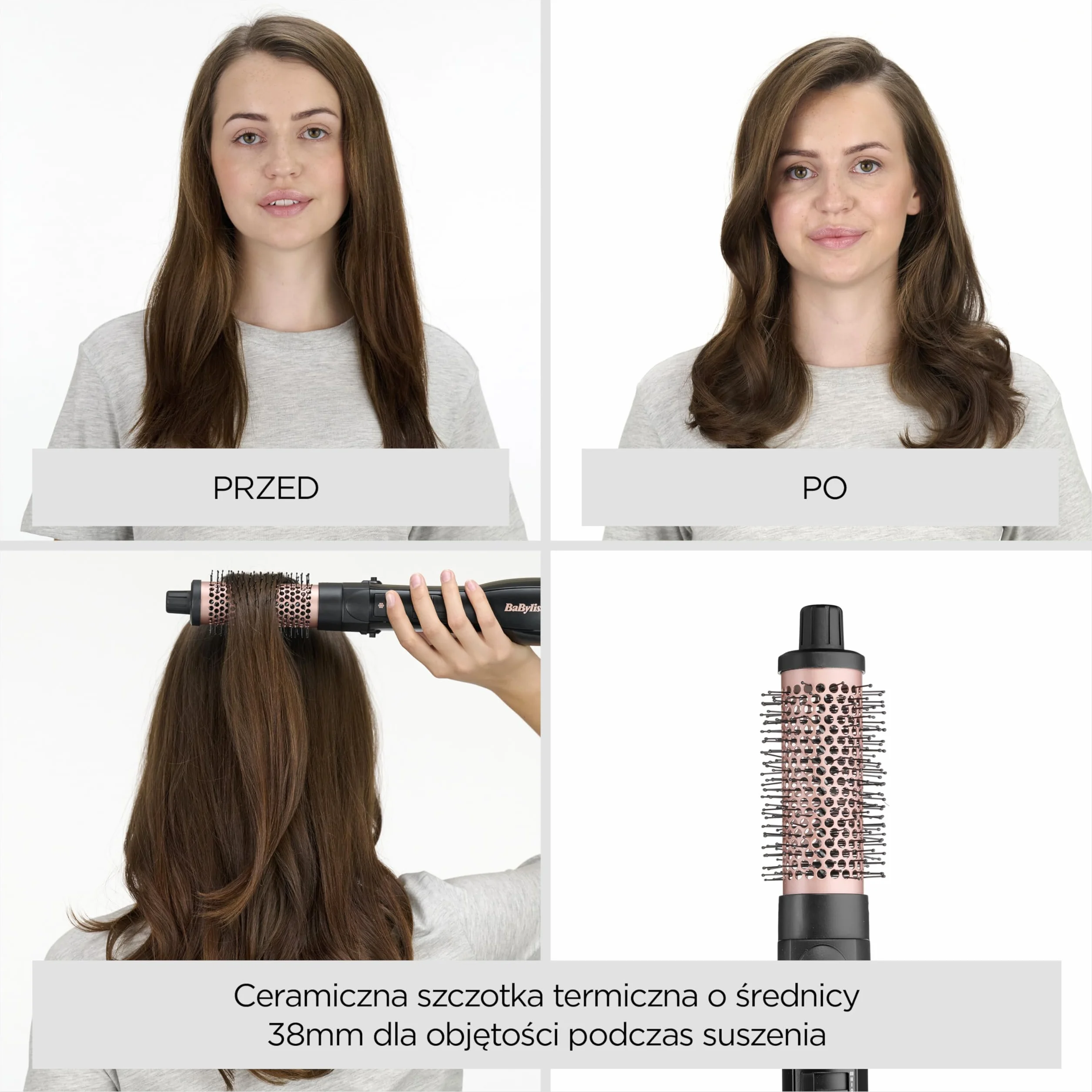 BaByliss Smooth Finish 1200 – Szczotka na Gorące Powietrze 4‑w‑1 do Suszenia, Wygładzania, Modelowania i Nadawania Objętości, Technologia Jonowa & Ceramiczna, 4 Końcówki, 1200W, Czarny/Różowy, AS122E