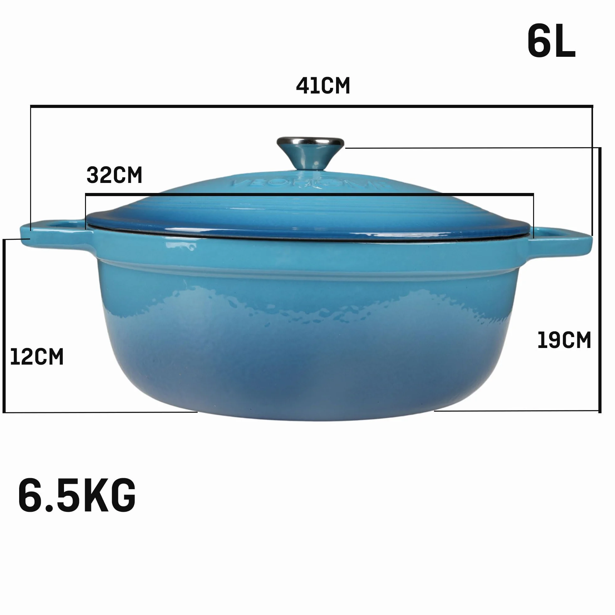 VeoHome emaliowany garnek żeliwny, niebieski, 6 l, owalny, o wysokiej wydajności, do kuchenek indukcyjnych, gazowych/piekarników, jednorodne gotowanie, autentyczne aromaty, tłoczona pokrywka