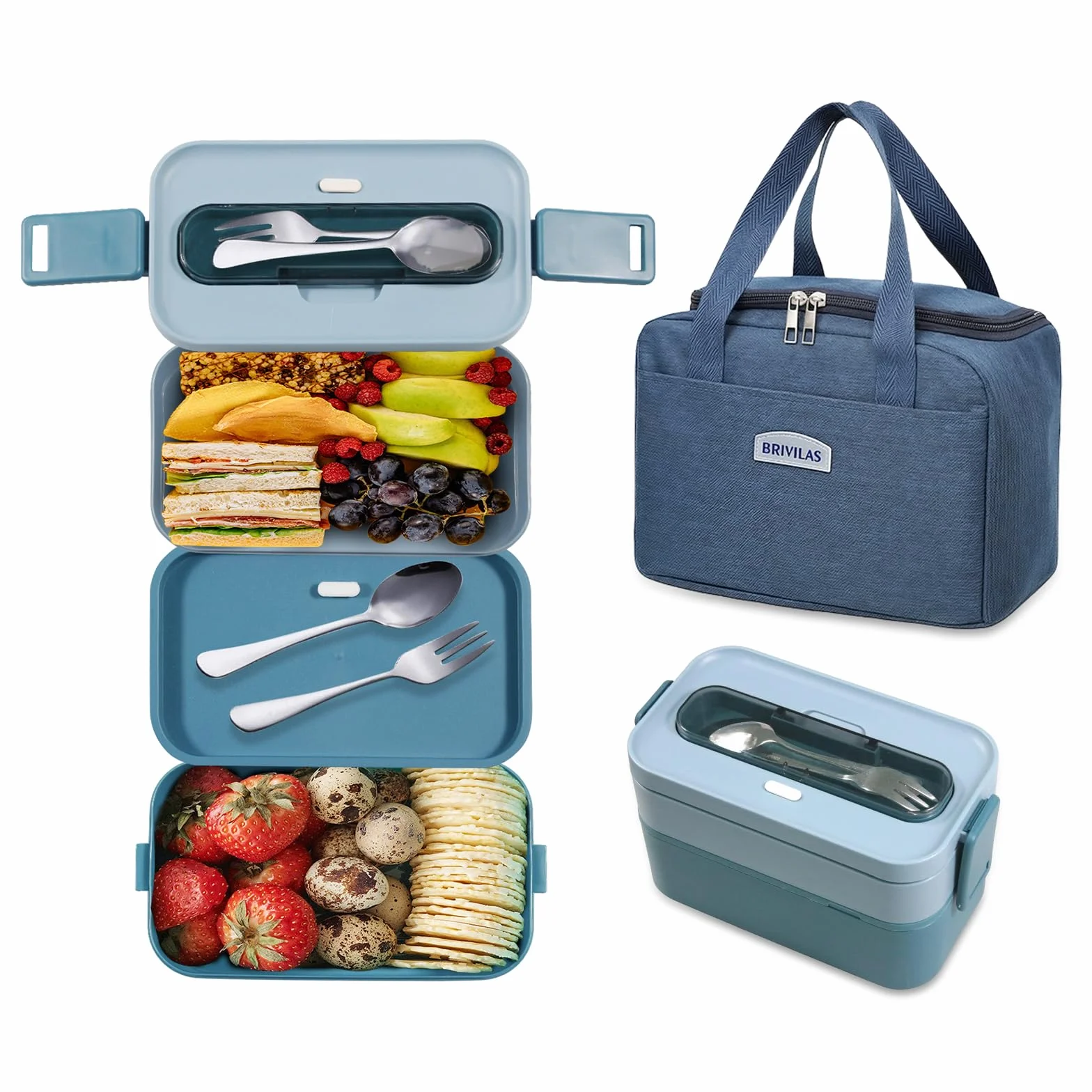 Pudełko na lunch Bento 1600 ml Niebieskie, 2-warstwowe pudełko na lunch z torbką na lunch i sztućcami, bezpieczne do mikrofalówki, bez BPA, idealne dla dzieci i dorosłych do szkoły, biura i pikniku