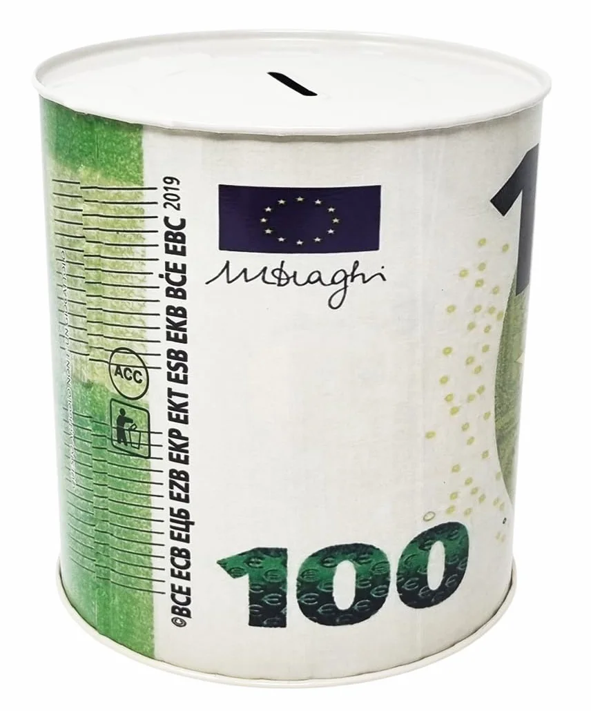 Designerski pojemnik na pieniądze 100 euro, metalowa puszka, nieotwierana, 15 x 14 cm