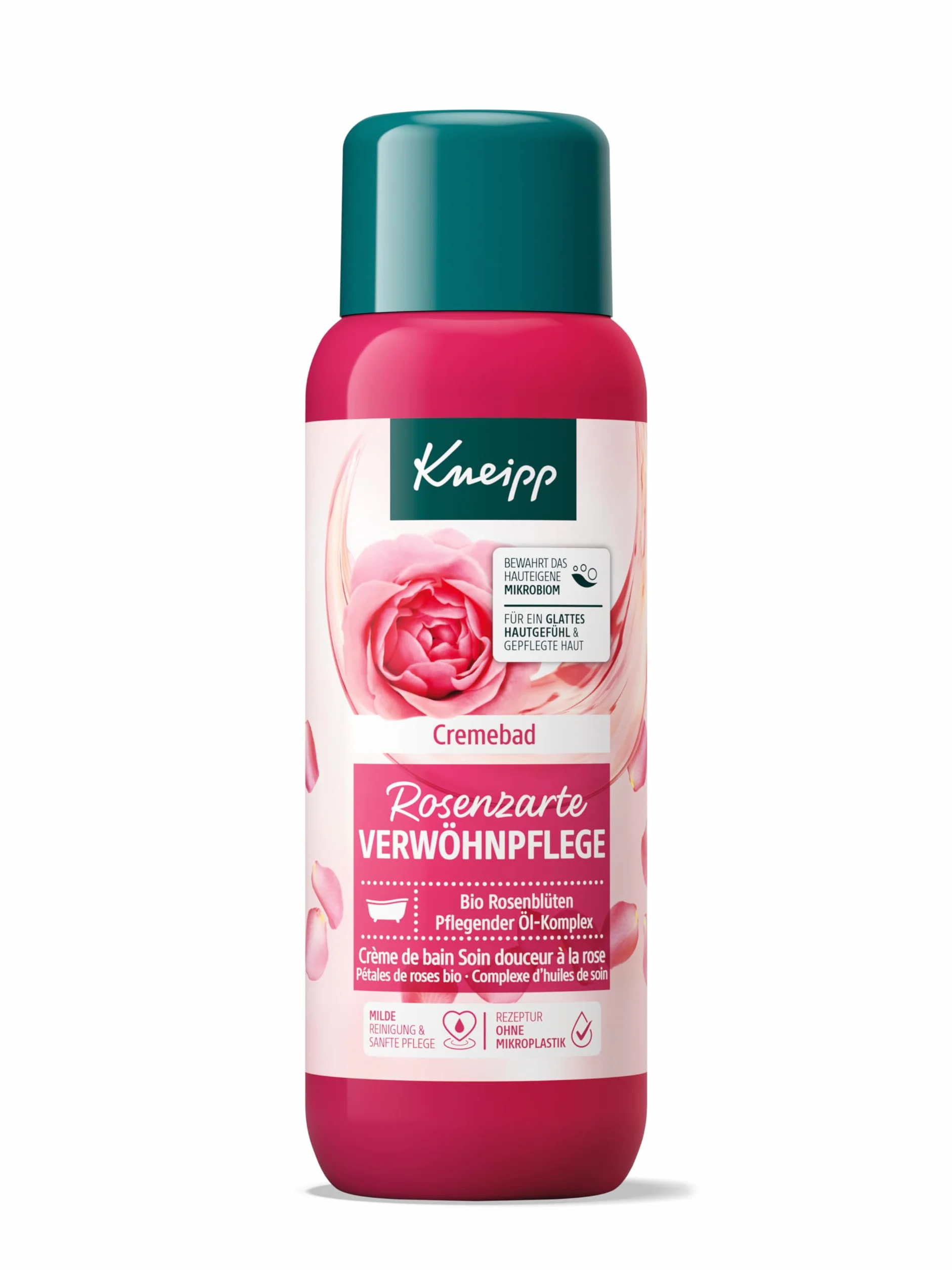 Kneipp Kremowa kąpiel z różami delikatna pielęgnacja – dodatek do kąpieli z wysokiej jakości ekstraktem z płatków róży ekologicznej i pielęgnującym kompleksem olejków – nadaje skórze uczucie gładkości