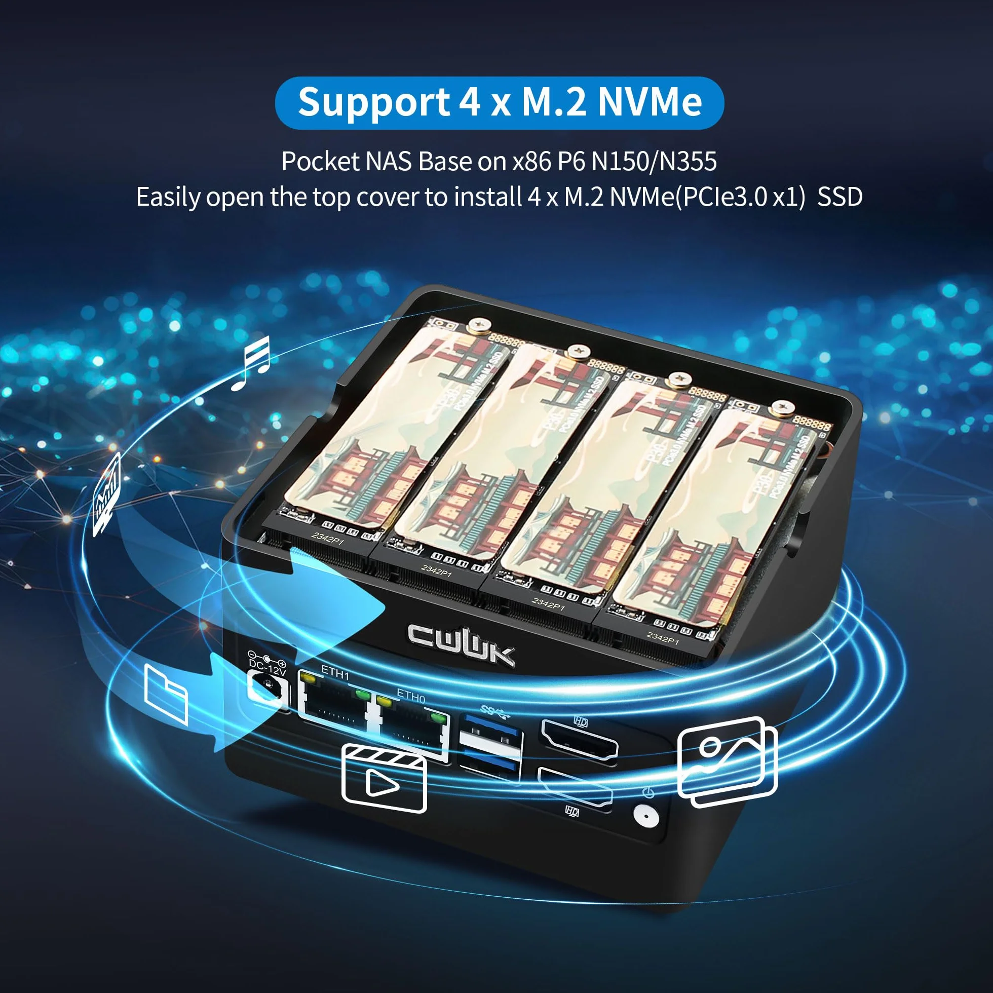 CWWK X86-P6 N355 Mini PC Pocket-NAS, 4 Bay M.2 NVMe Mini Komputer z 2 x i226-V 2.5GbE LAN, Mikro PC Barebone DDR5 BEZ RAM/SSD/SYSTEMU, Obsługa WiFi7/BT5.4 Rozszerzalny, 2 Wyświetlacze, USB3.2