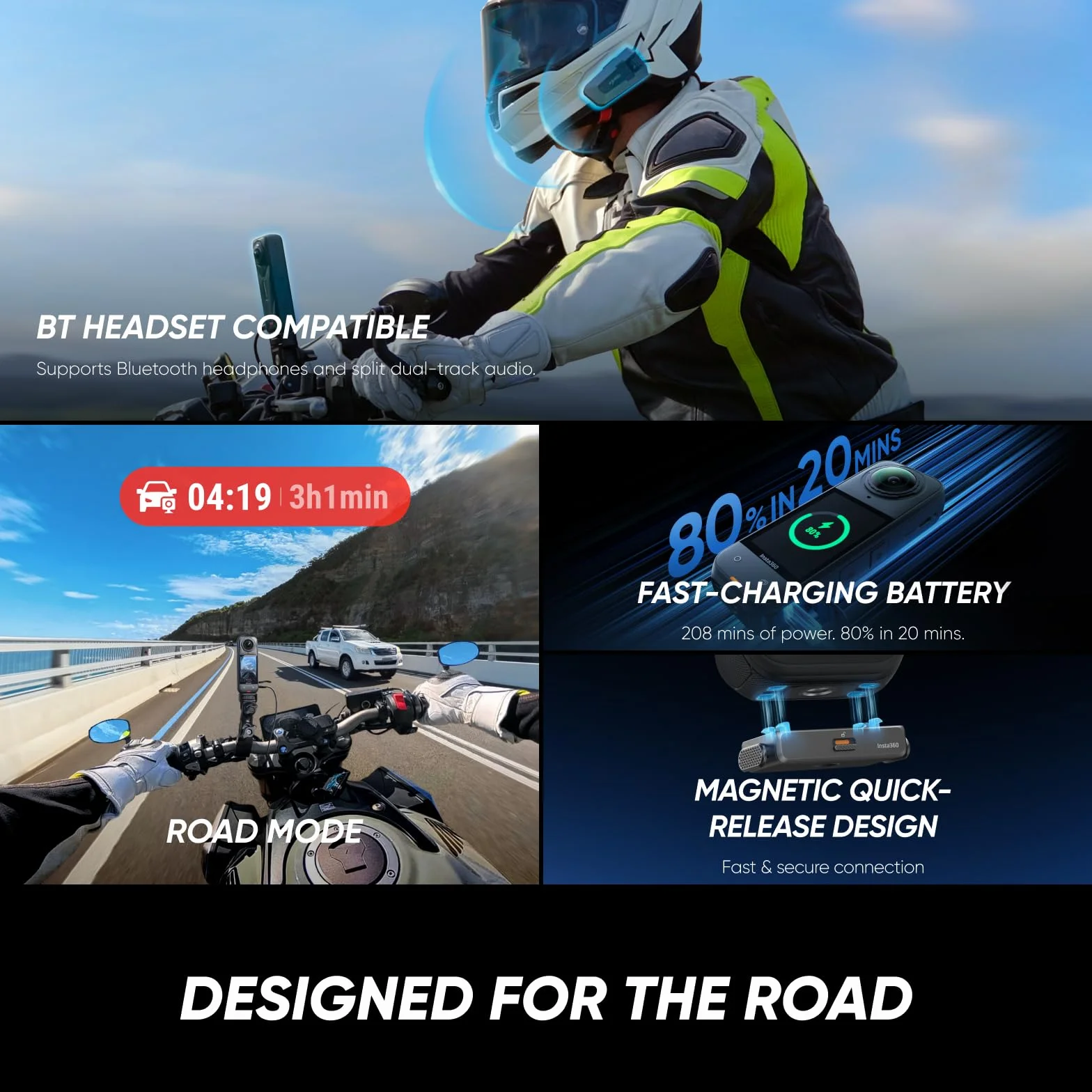 Insta360 Zestaw motocyklowy X5 – wodoodporna kamera 8K 360°, wytrzymały i wymienny obiektyw, bateria 3-godzinna, czysty dźwięk, stabilizacja, niewidoczny efekt selfie, wiodące słabe światło
