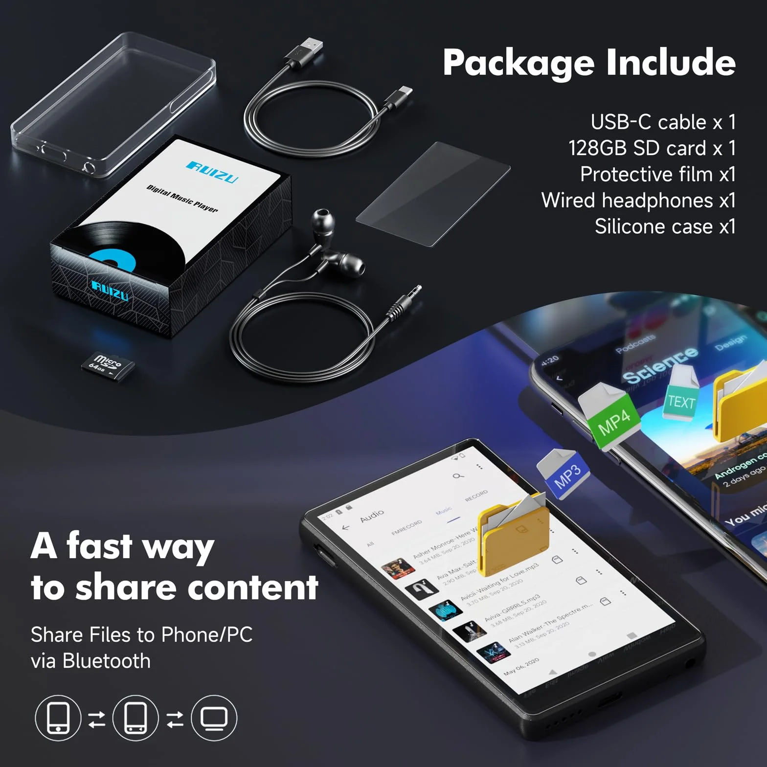 Spotify odtwarzacz MP3 z Bluetooth, ekran dotykowy 4,5 cala, odtwarzacz MP4, WiFi, 2000 mAh, przenośny odtwarzacz stereo HiFi, głośnik Amazon Music, odtwarzacz strumieniowy z systemem Android dla