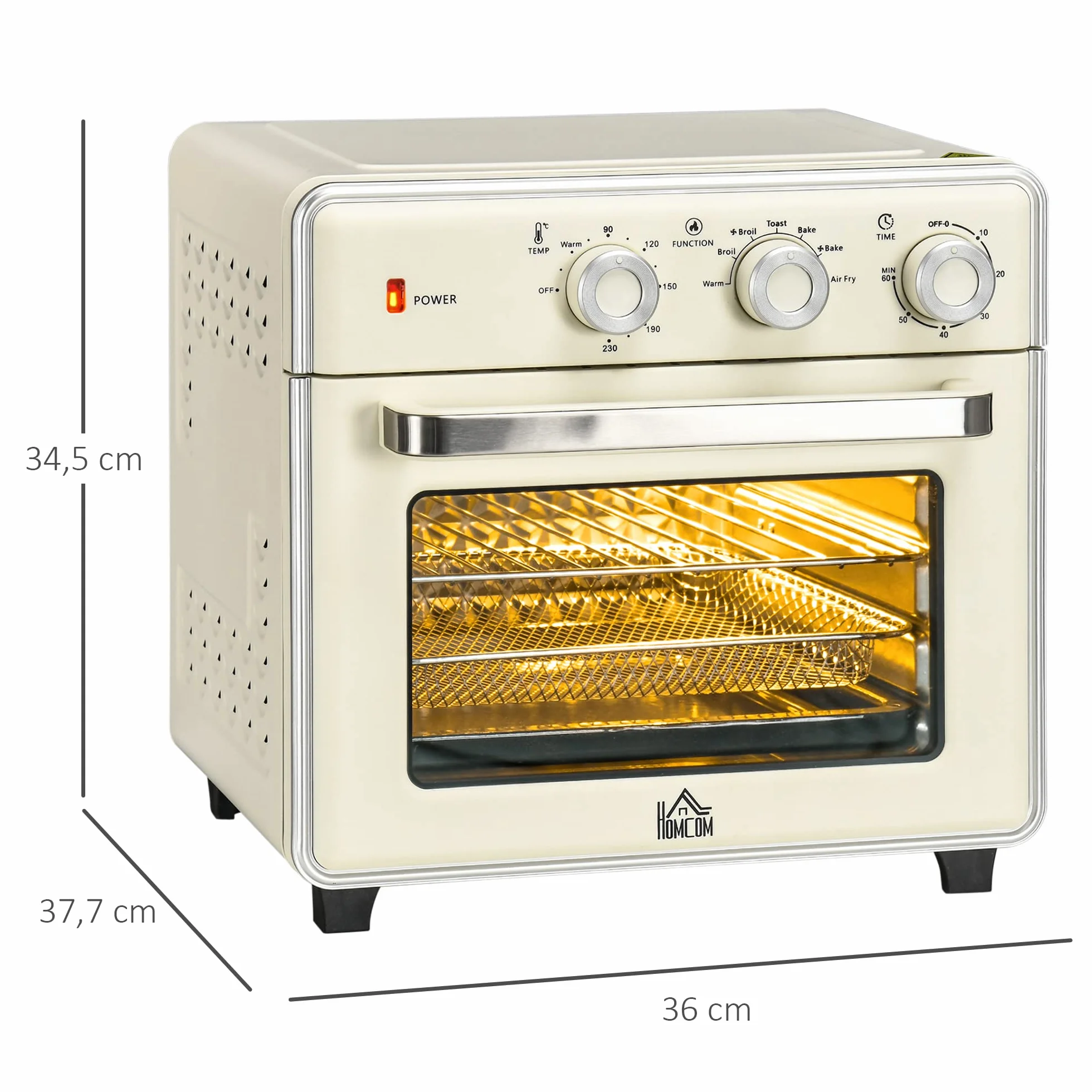 HOMCOM Mini piekarnik 20 l, 7 w 1 piec do pizzy, 1400 W, 90-230℃, termoobieg, kremowo-biały