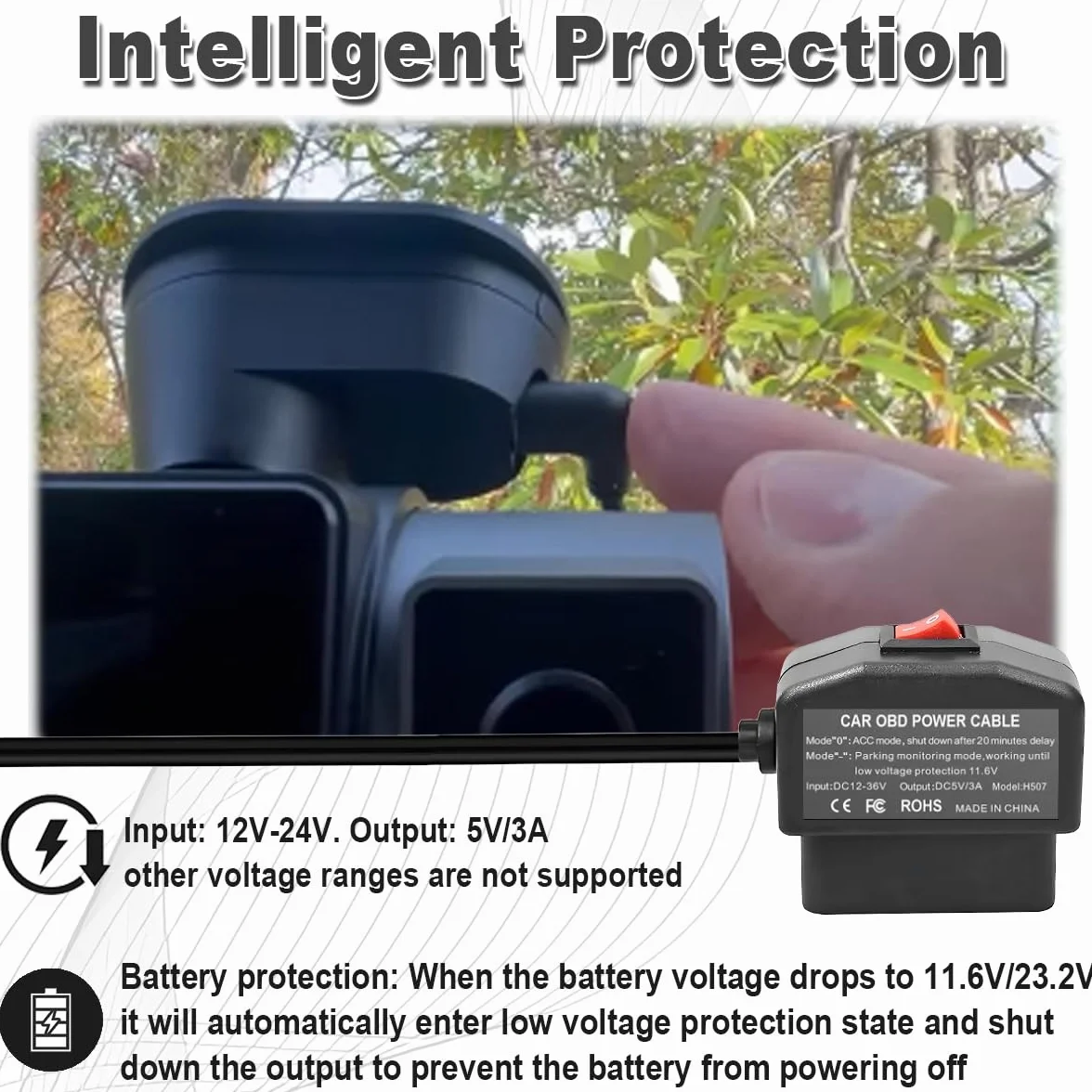 ZAMDOE Mini USB OBD Kabel zasilający Adapter do Dashcam OBD2 Kąt Mini USB z przełącznikiem 90 stopni Monitorowanie 24 godziny tryb Acc 12 V-24 V do 5 V/3 A 3,5 m